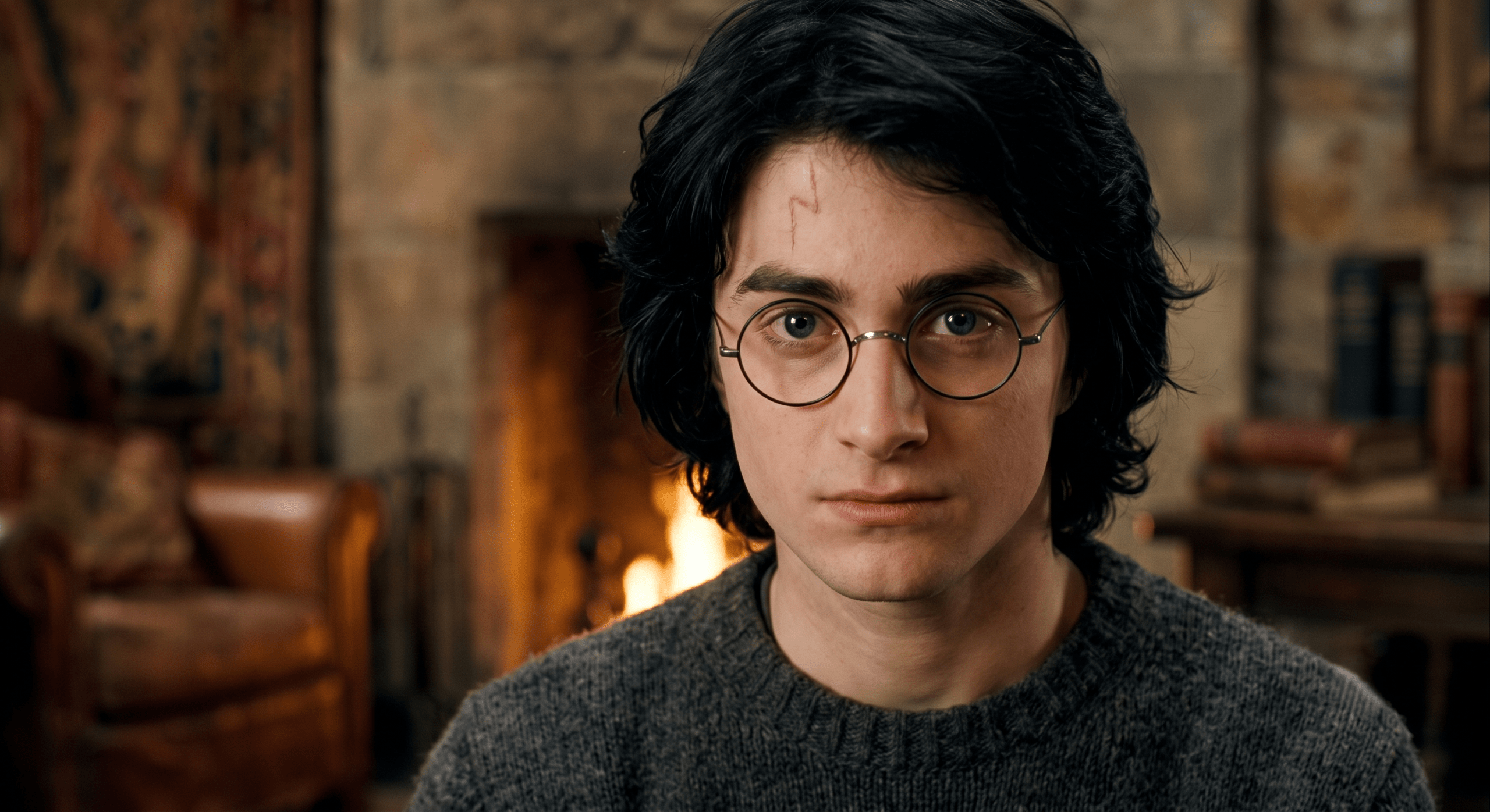 Harry Potter close-up portrait showing lightning scar and glasses in common room