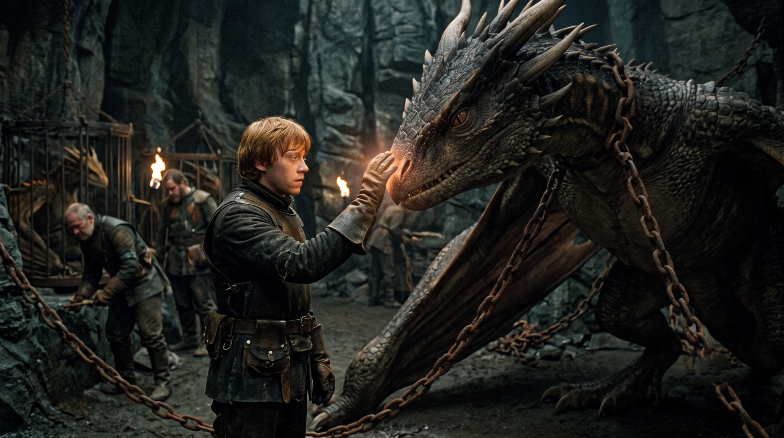 A cinematic, low-light shot inside a dark, rocky enclosure at Hogwarts. Charlie Weasley, in full professional dragon-wrangler gear, is calming a massive, chained, dark-scaled dragon (the Hungarian Horntail) with a gentle hand and a calming spell. Other handlers are visible nearby, and distant cages contain other dragons.