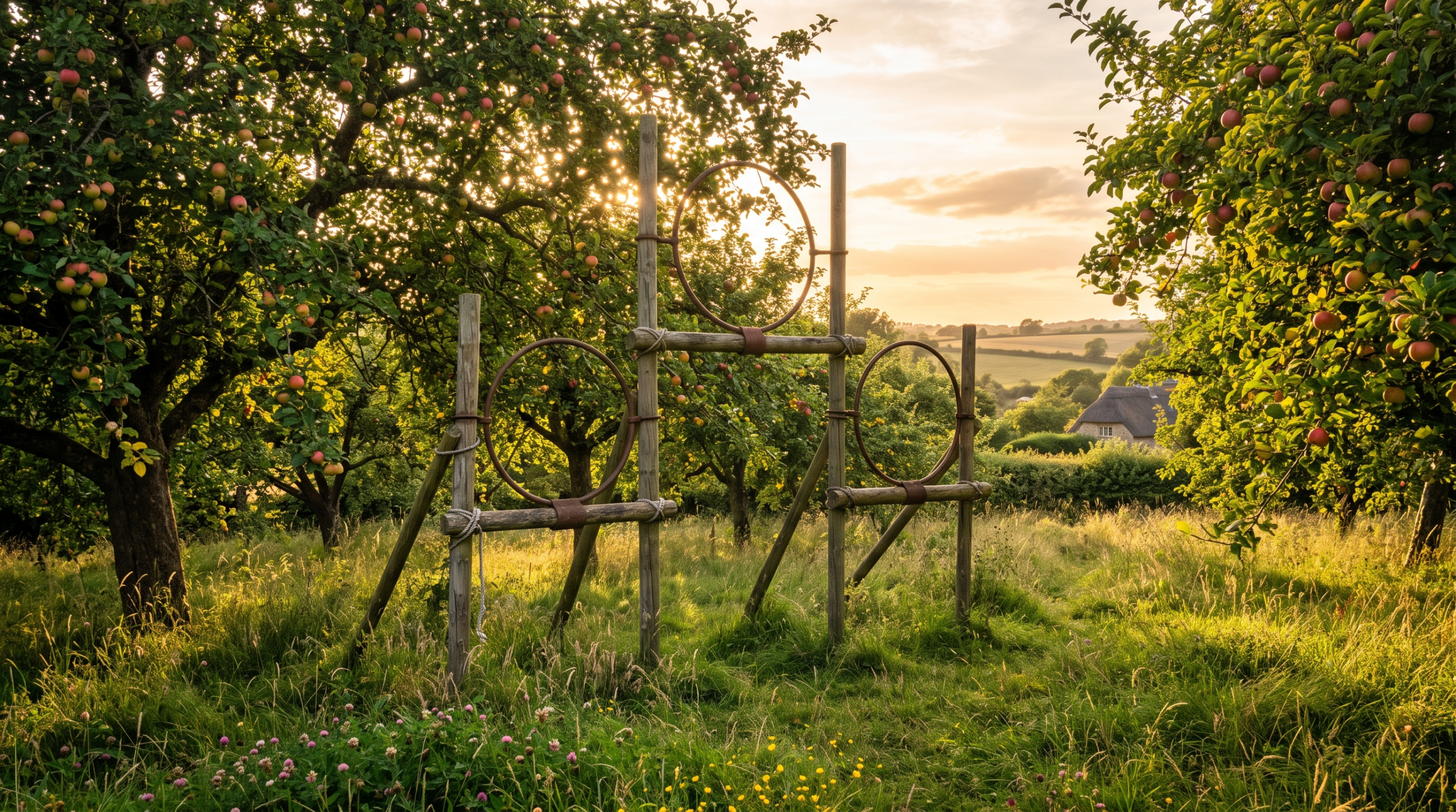 A landscape photograph of a secluded apple orchard at golden hour, showing makeshift Quidditch goalposts nestled among the trees.