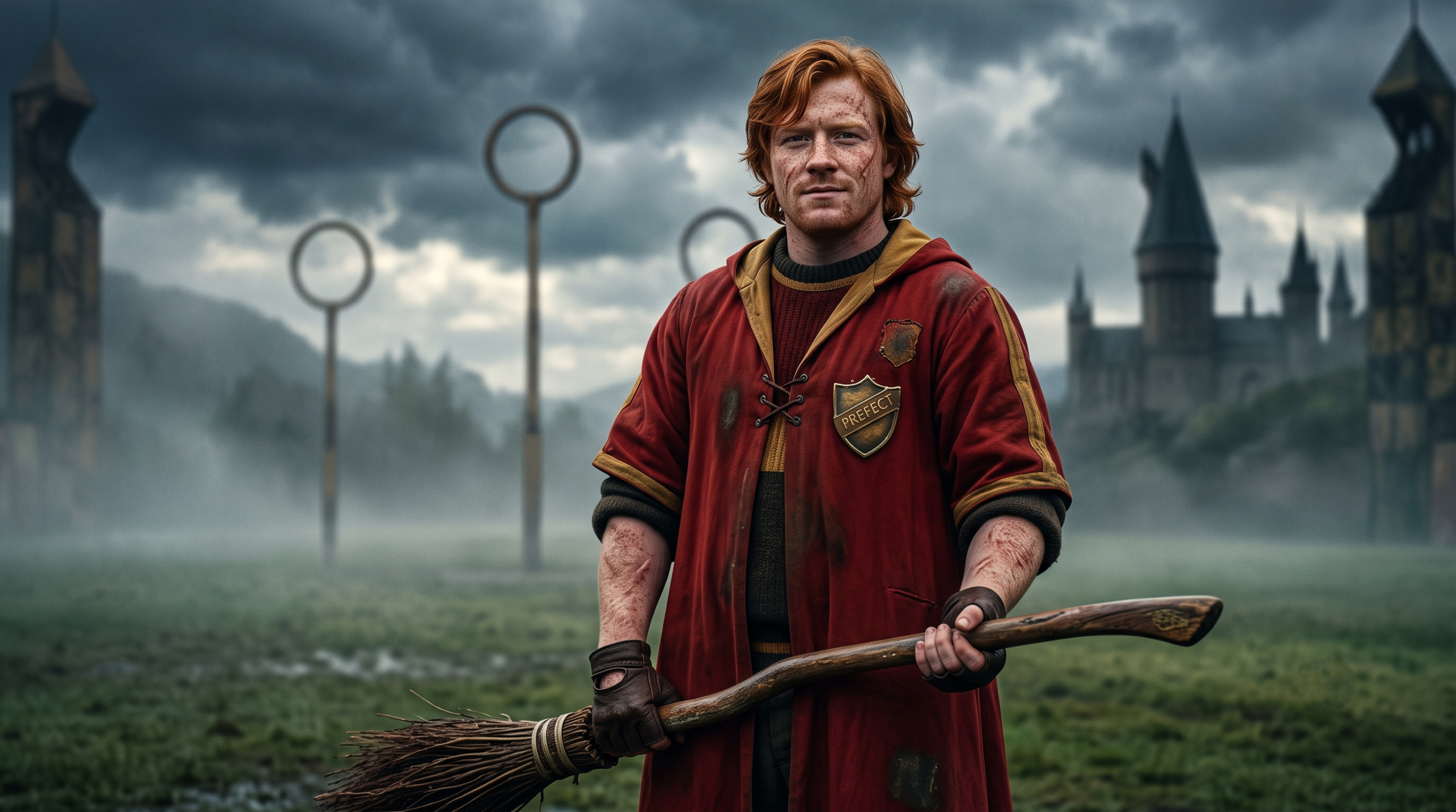 A rugged, muscular Charlie Weasley in deep Gryffindor-red Quidditch robes with gold trim. He is holding a weathered broomstick in one hand and has a distinctive old Prefect badge pinned to his chest. Visible burn scars and calluses are on his arms and face. He stands confidently on a windswept pitch under dark, stormy clouds, looking determined.