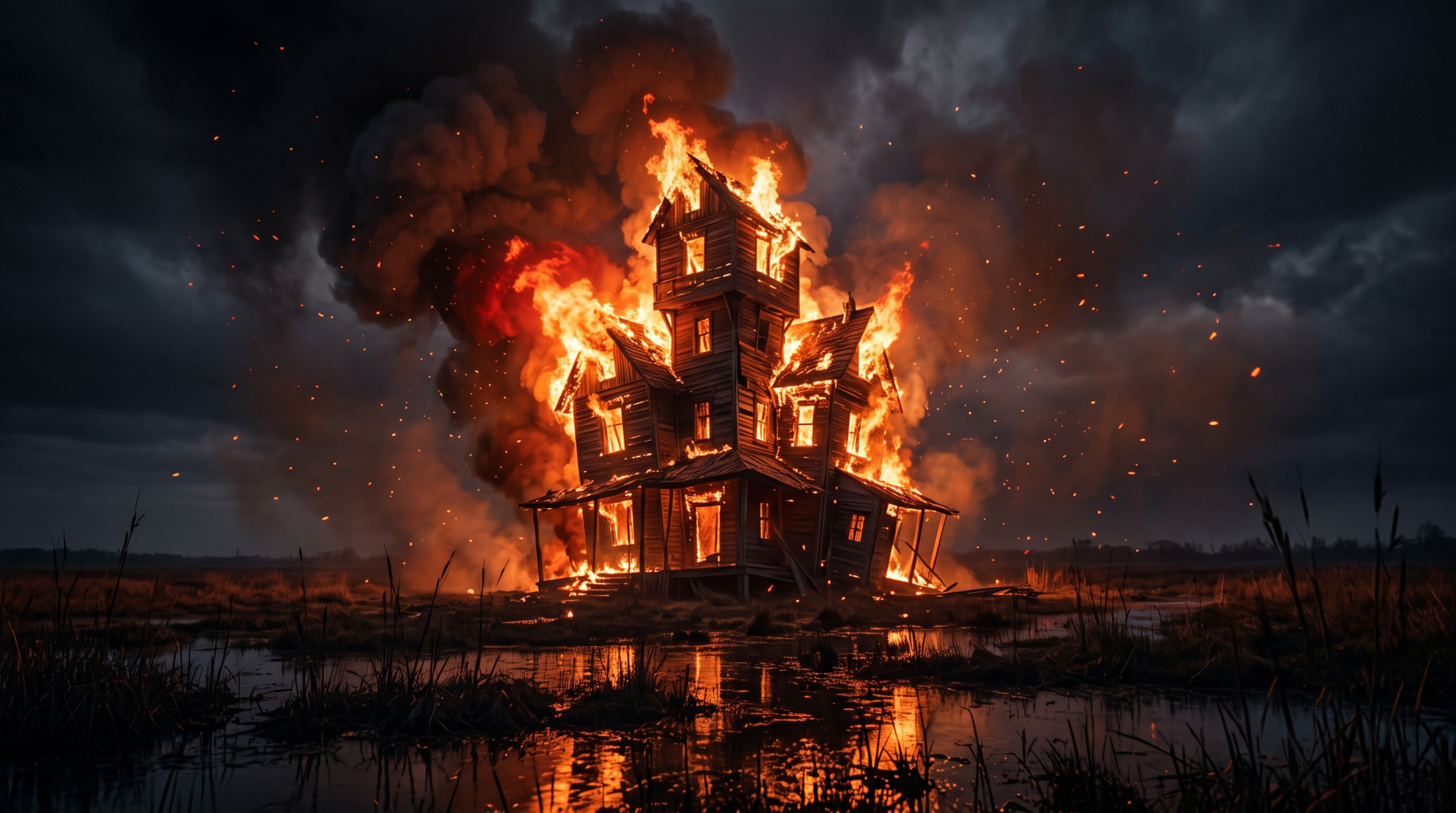 A dramatic, wide-angle photograph capturing The Burrow engulfed in flames during a nighttime attack in the marshlands.