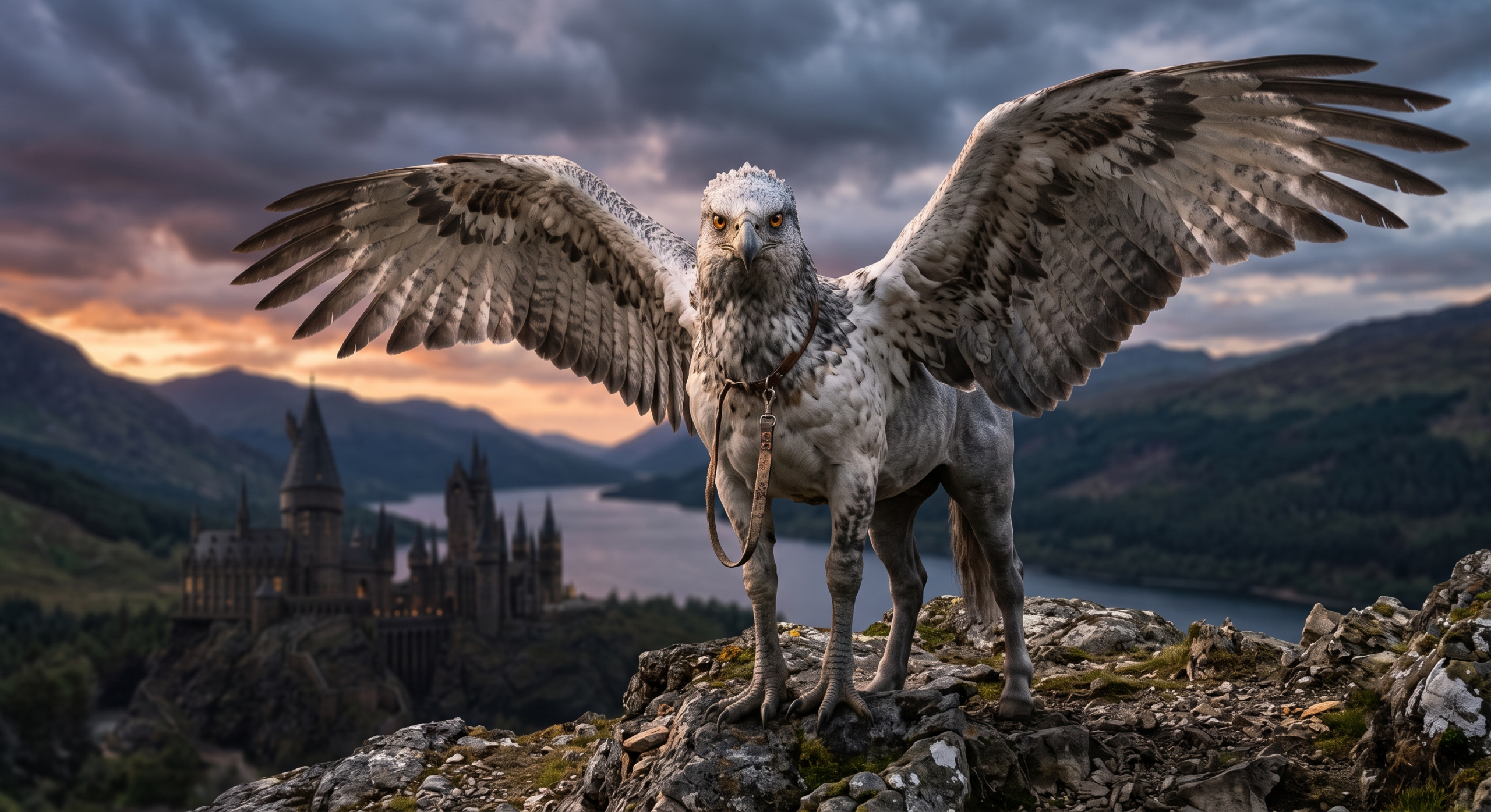 Majestic Hippogriff Buckbeak with giant eagle wings and horse body at dusk
