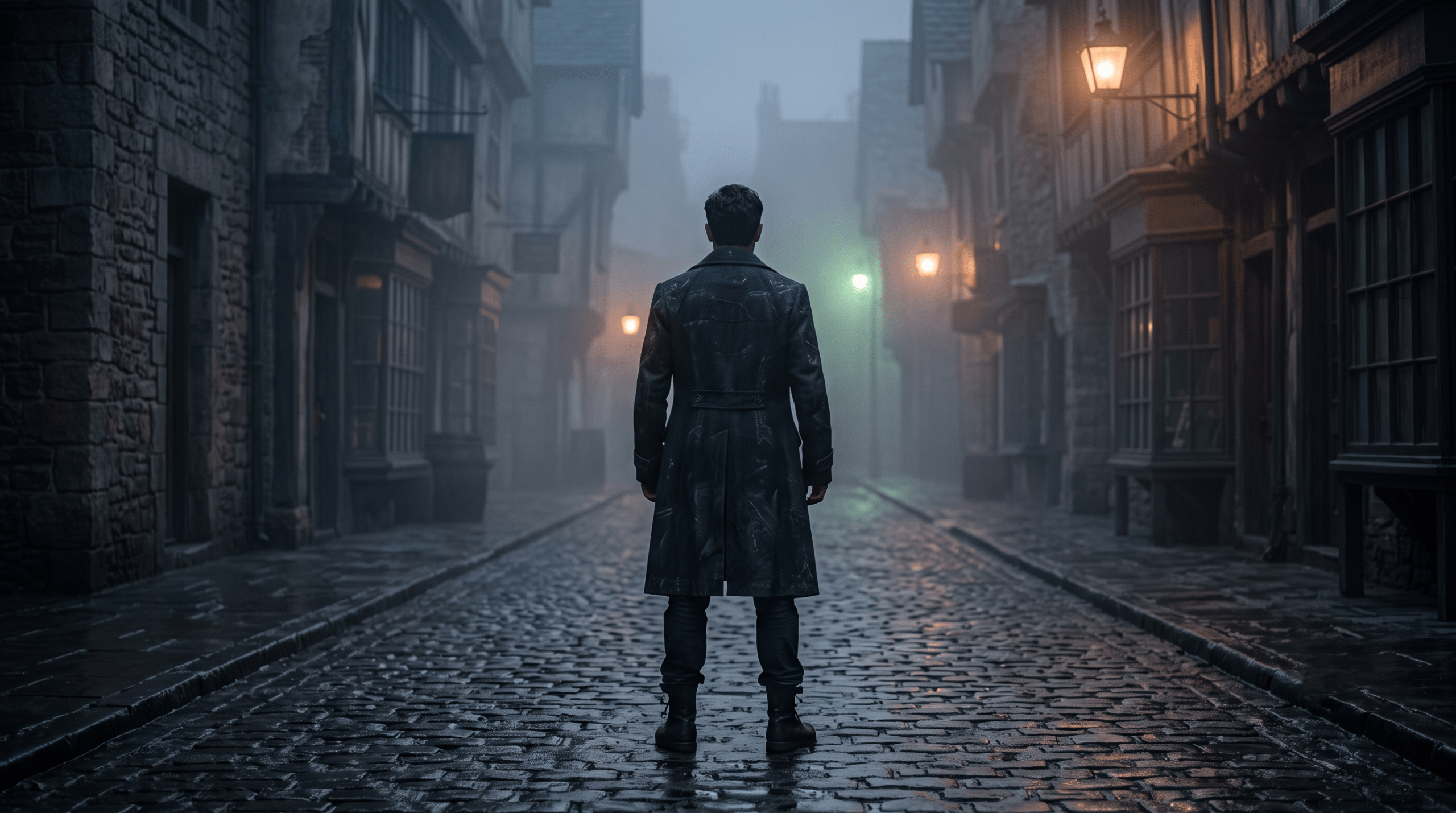 Cinematic back view of a mature male Auror standing on a foggy wizarding street at dusk, symbolizing the demand for adult Harry Potter stories.