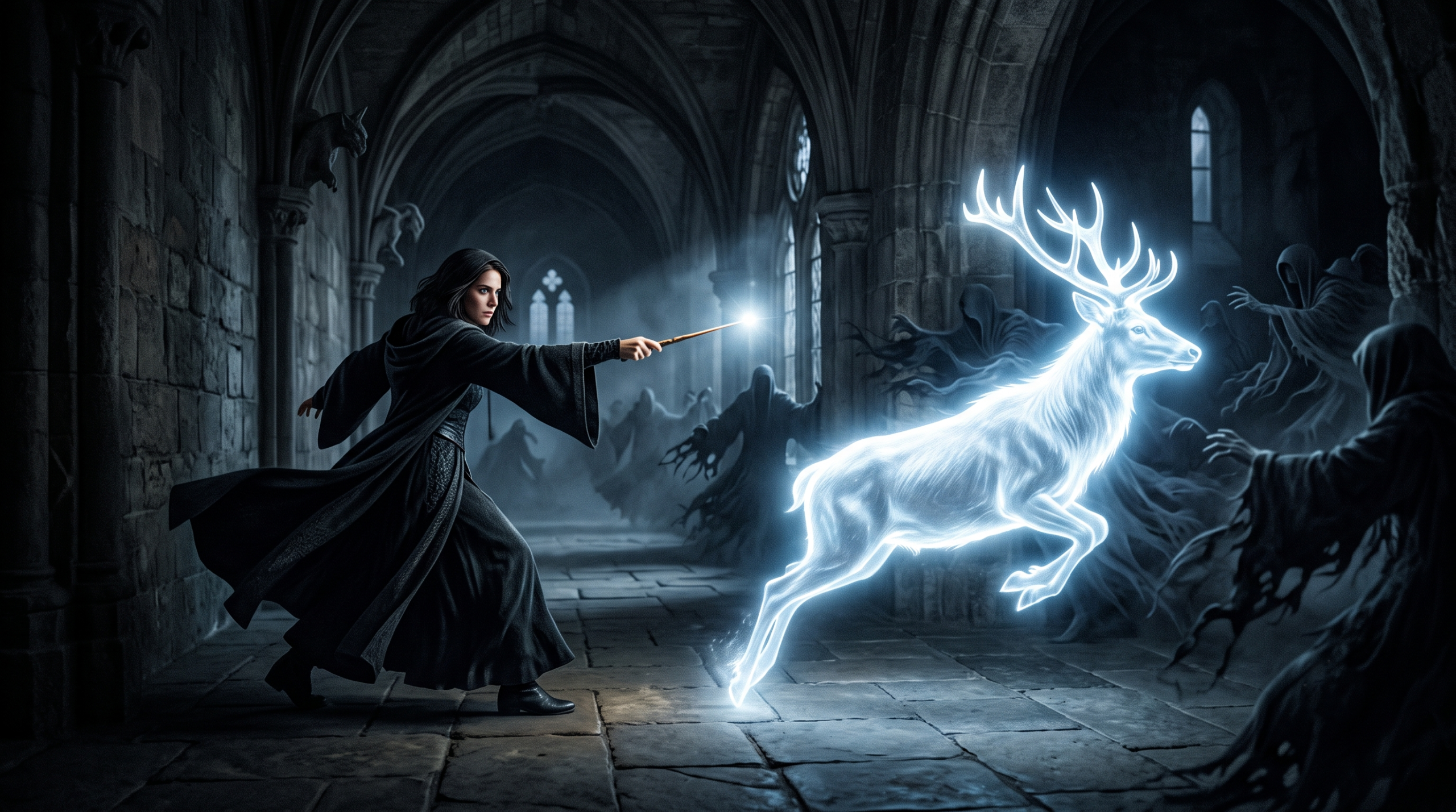 Cinematic photograph of a witch casting a powerful silver stag Patronus in a dark castle corridor.
