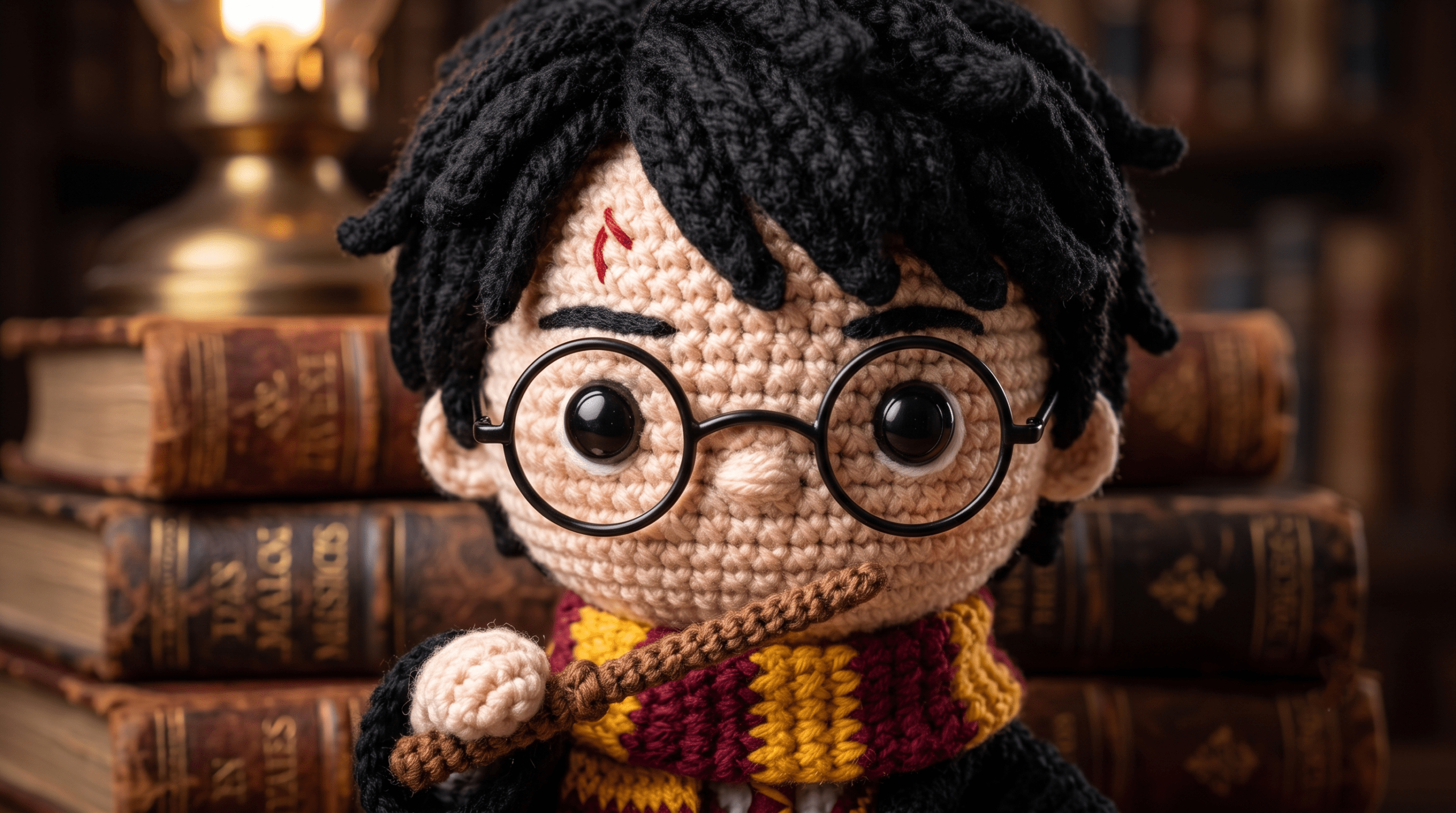 A close-up of a completed crocheted Harry Potter amigurumi doll focusing on the wire glasses and lightning scar details.