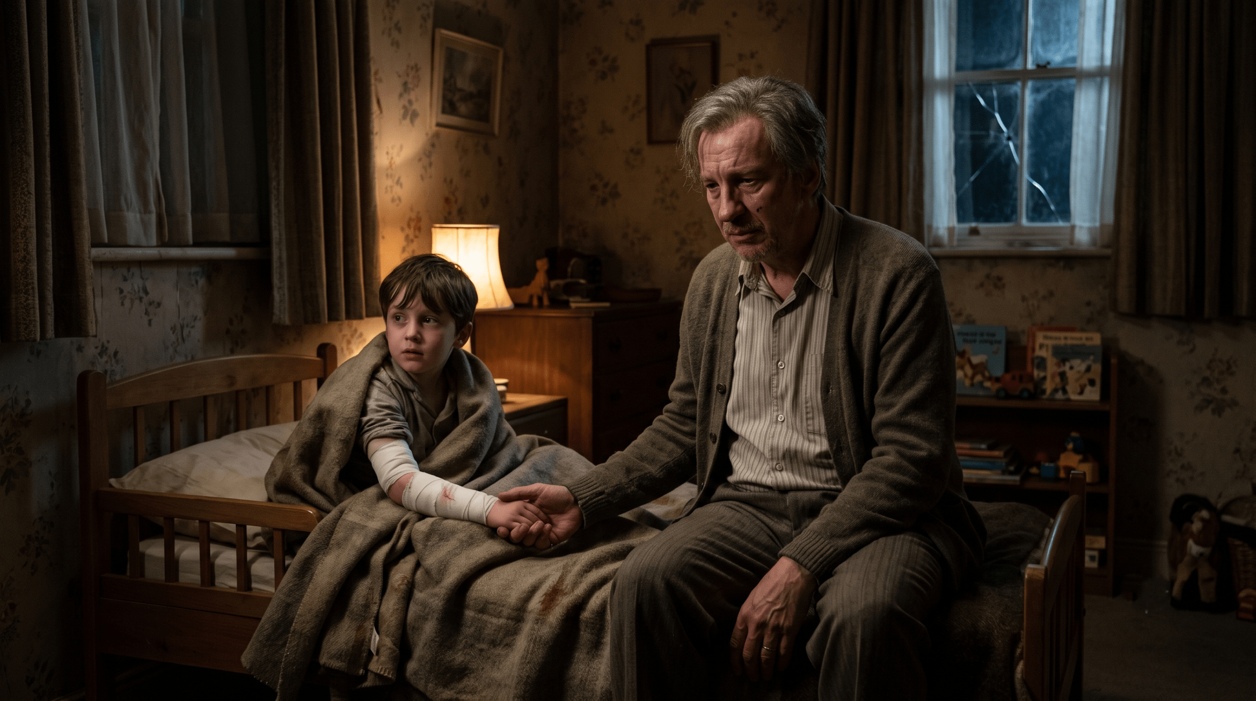 Young Remus Lupin comforted by his father Lyall after being bitten by Fenrir Greyback.
