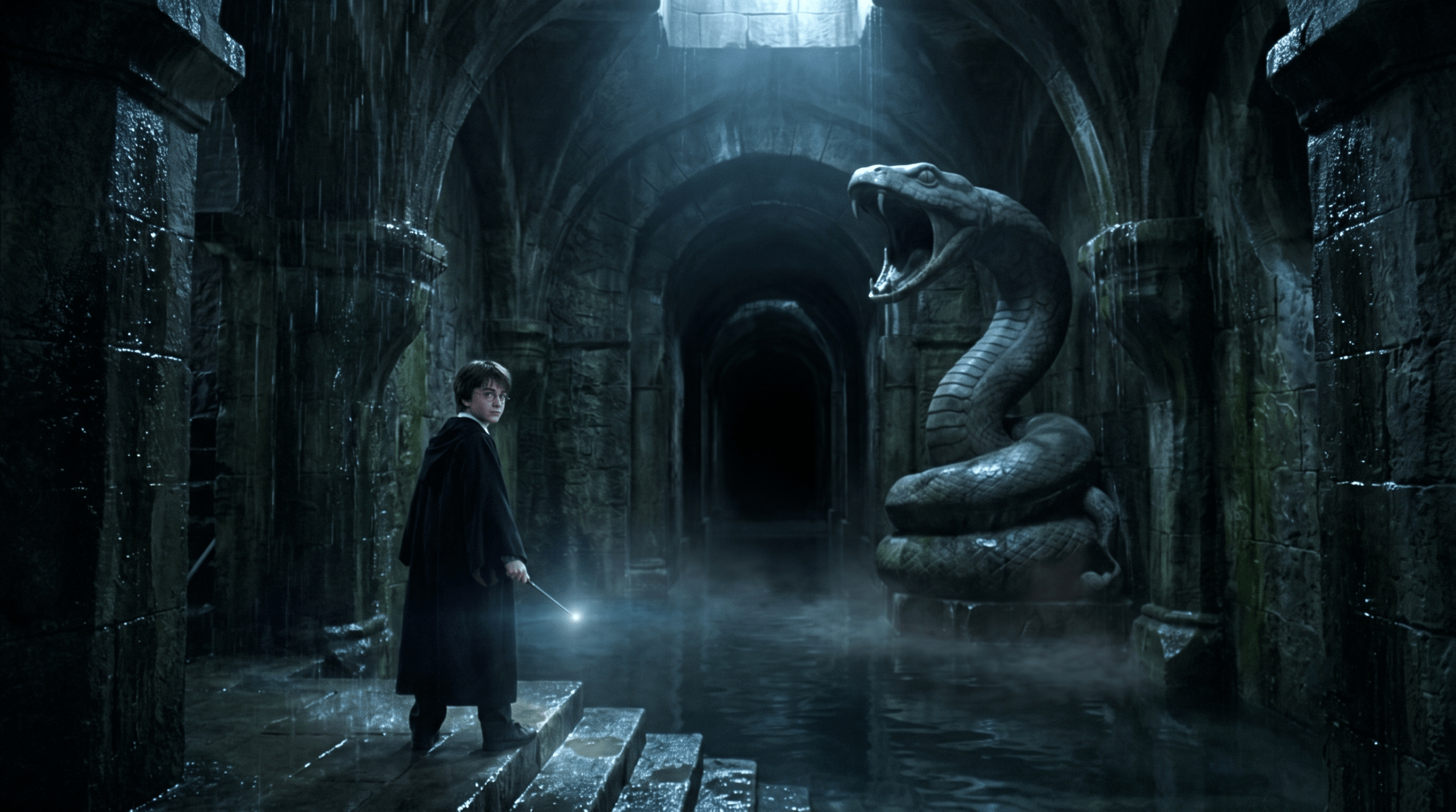 Cinematic view of young Harry Potter standing small at the massive stone snake entrance to the Chamber of Secrets.