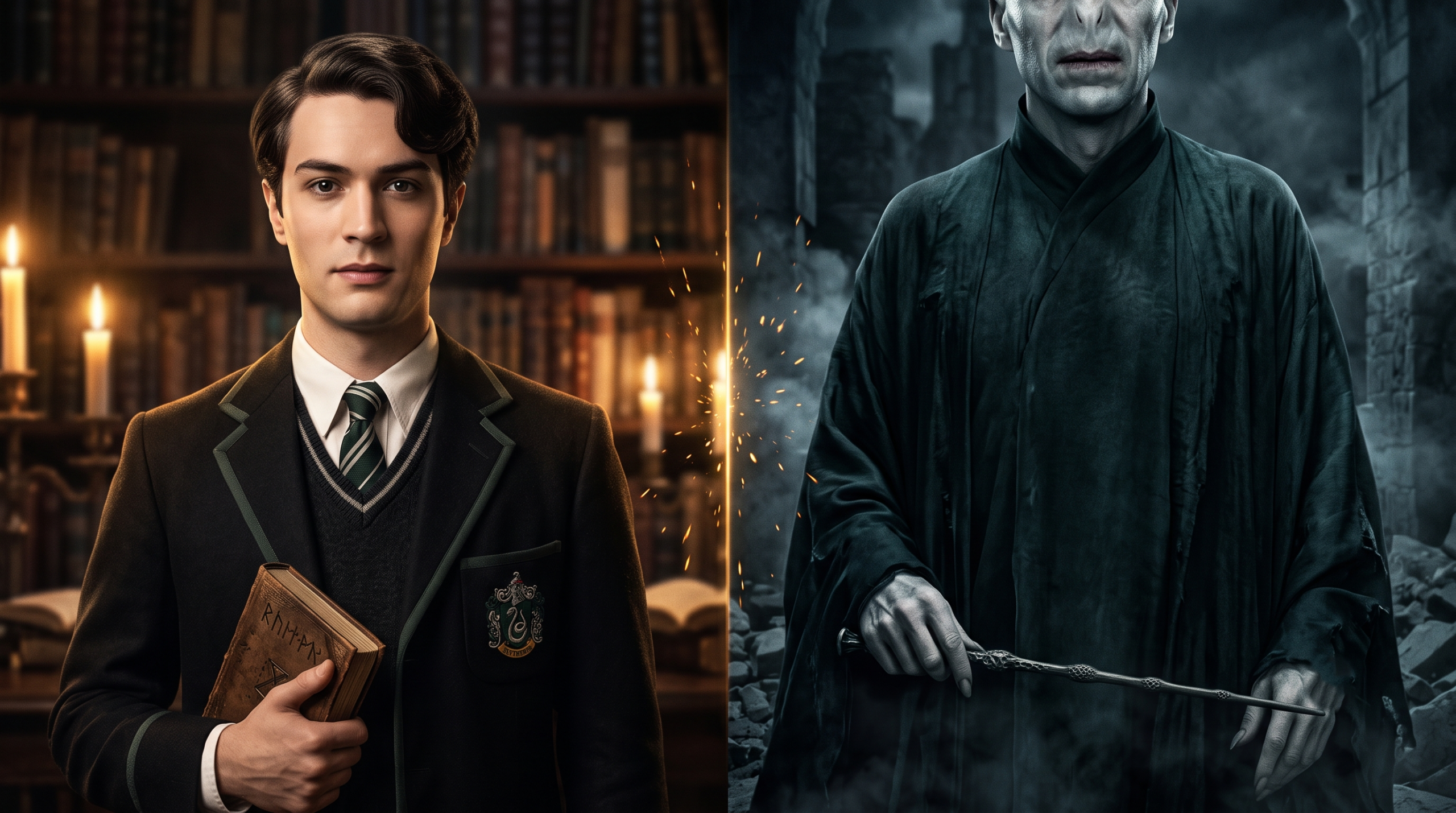 Split image showing a young handsome Tom Riddle and the serpentine face of Lord Voldemort