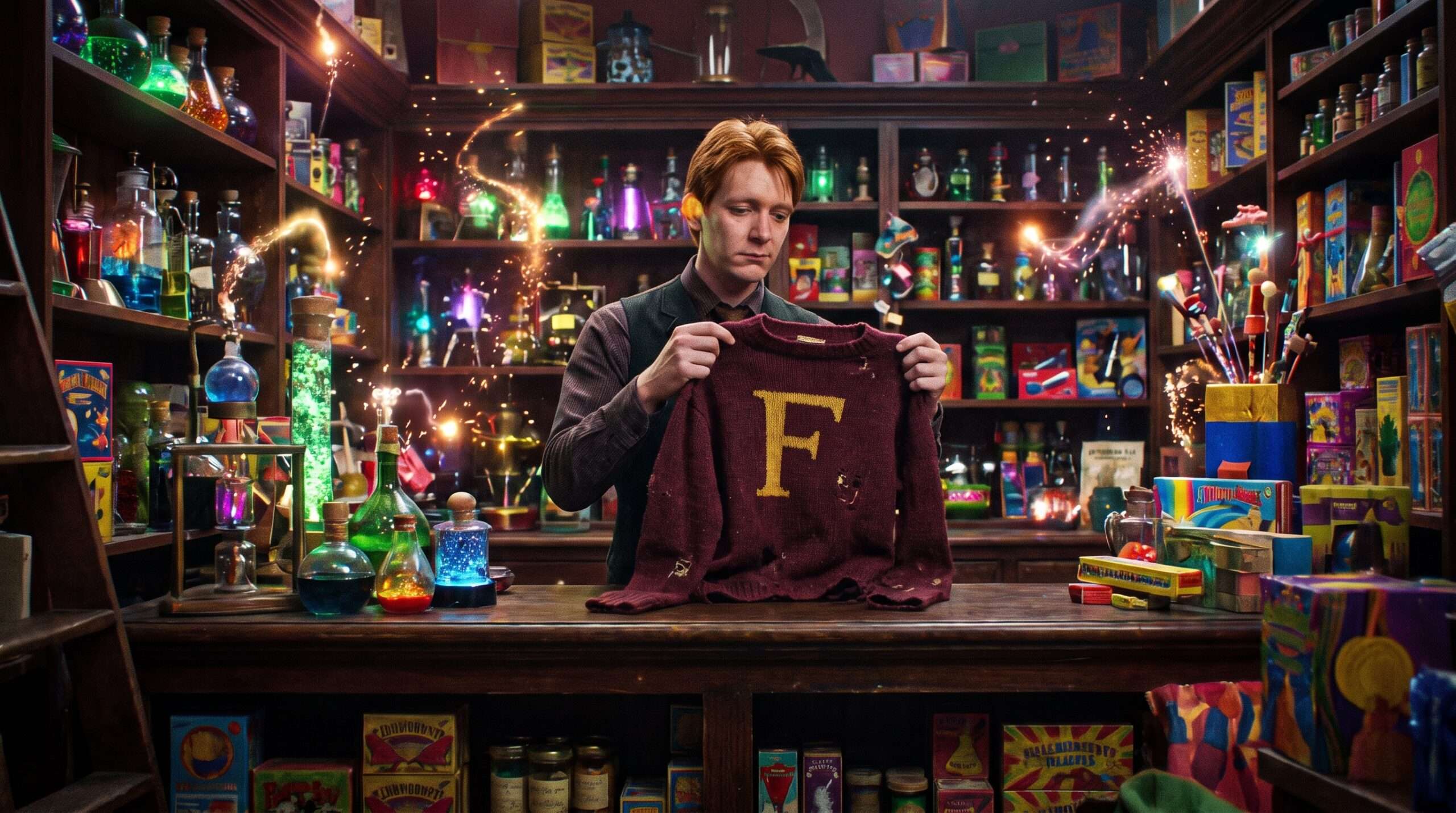 George Weasley standing alone in Weasleys' Wizard Wheezes joke shop.