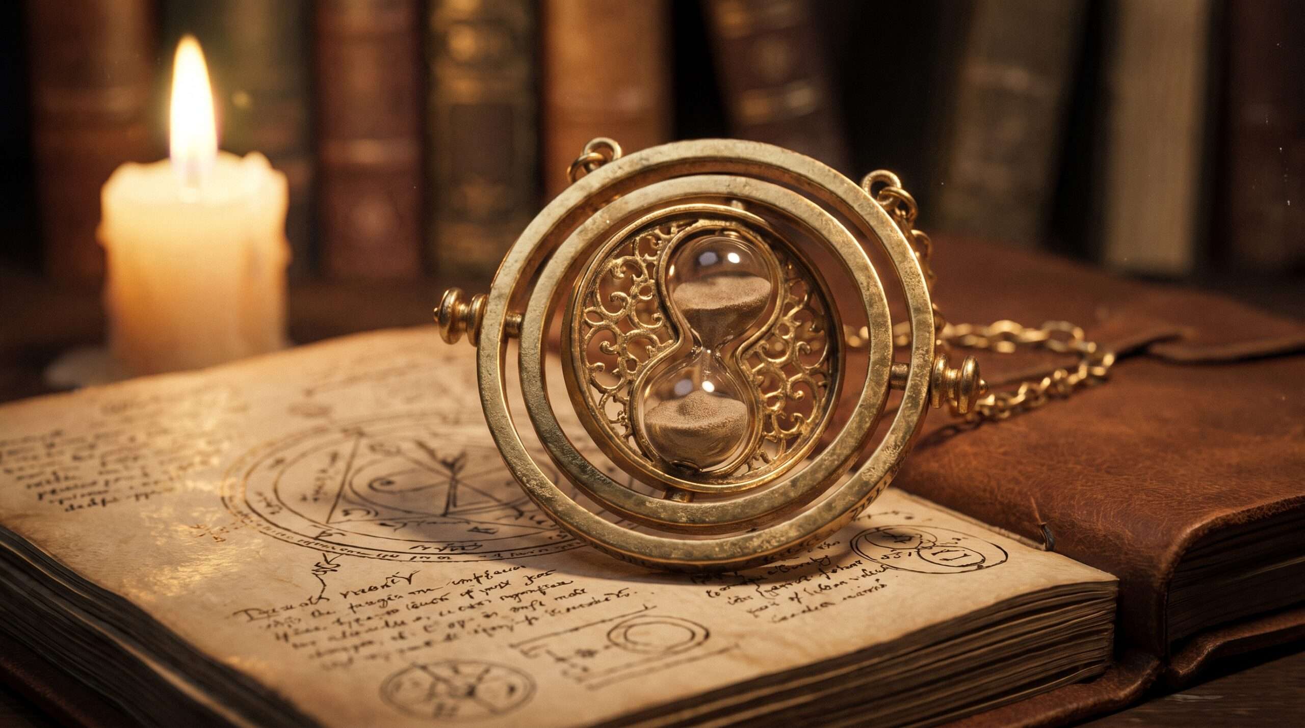A close-up shot of a golden Time-Turner resting on a research notebook, representing the complex lore and timelines in the Harry Potter films.