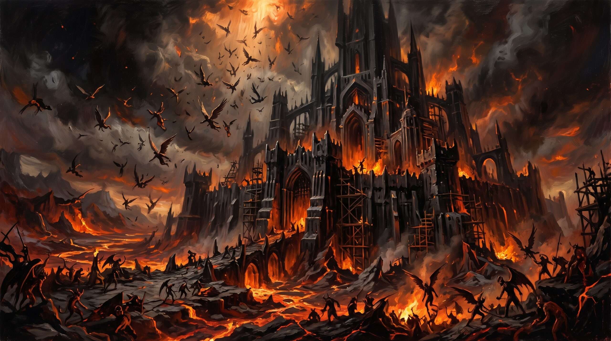 A conceptual artistic representation of the fallen angel Mulciber building Pandemonium in Milton's Paradise Lost.