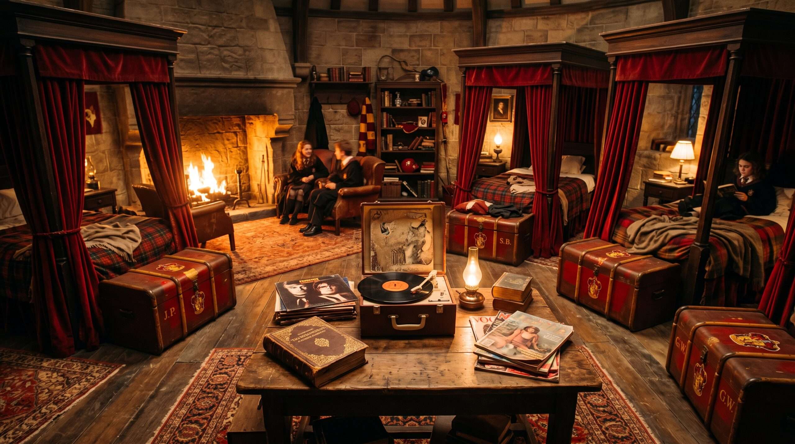 The 1970s Gryffindor girls' dorm with warm firelight, record players, and school trunks.