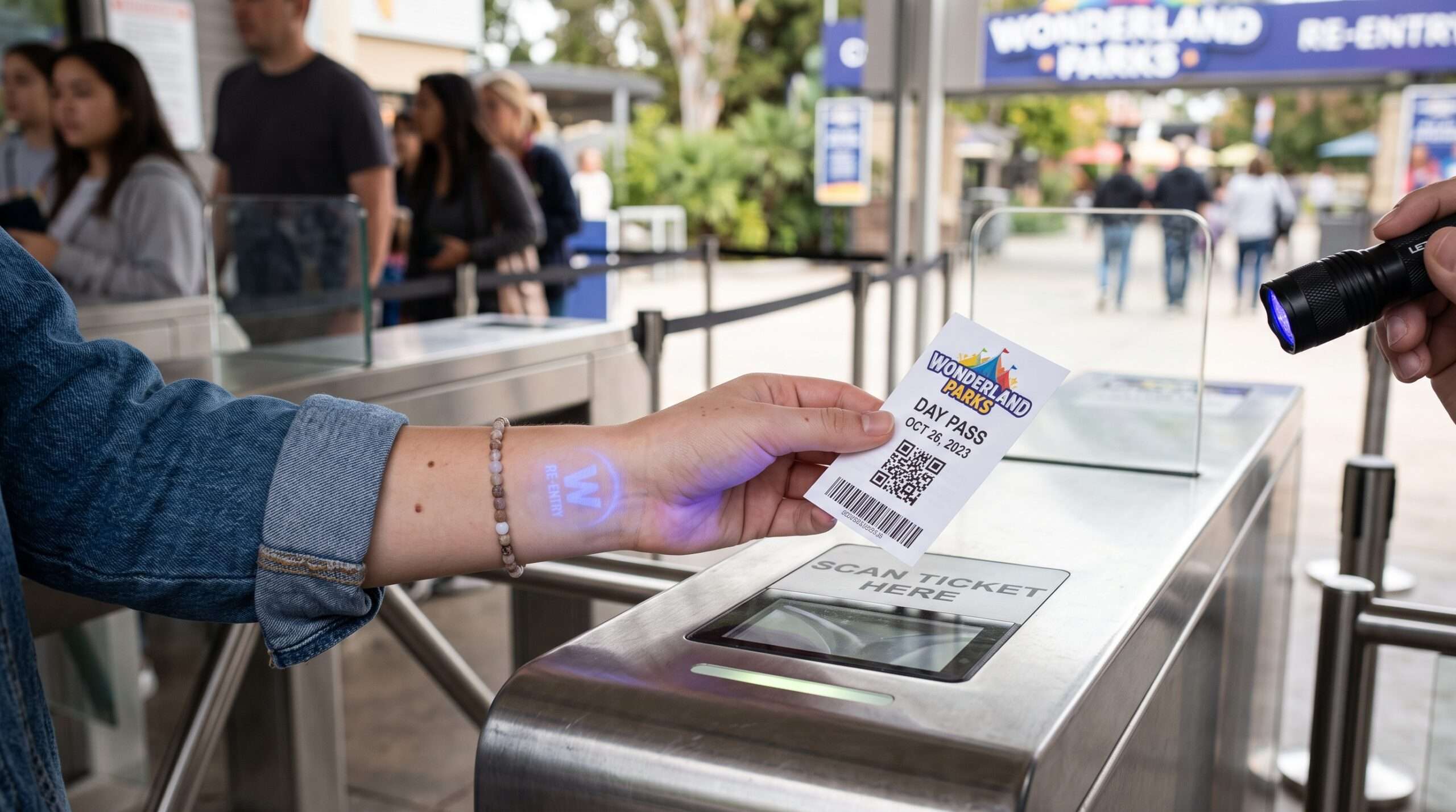 Close-up of Universal Studios Hollywood same-day re-entry stamp being verified by UV light at entrance turnstiles.