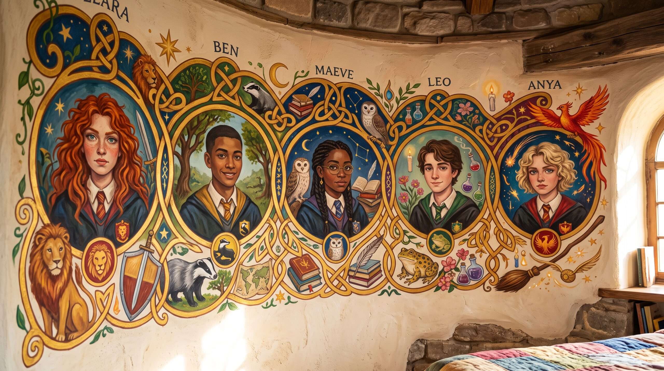 A vibrant, folk-art-style magical mural showing faces of friends connected by a golden chain, representing deep loyalty.