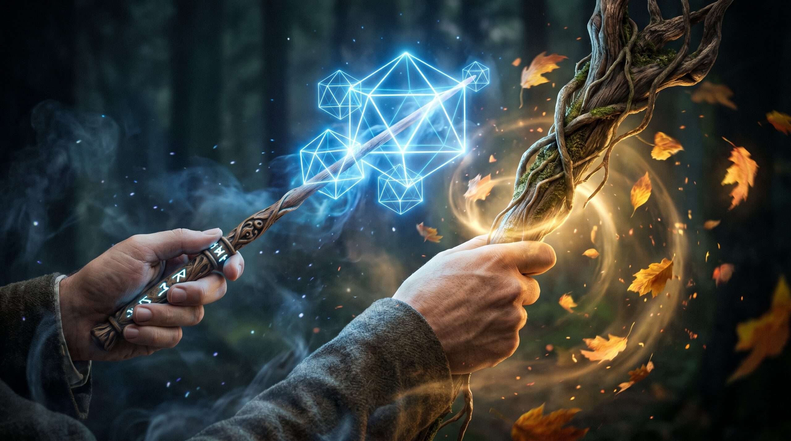 Two hands demonstrating different magic systems, one using a wand with structured blue magic and the other an ancient staff with natural golden light.