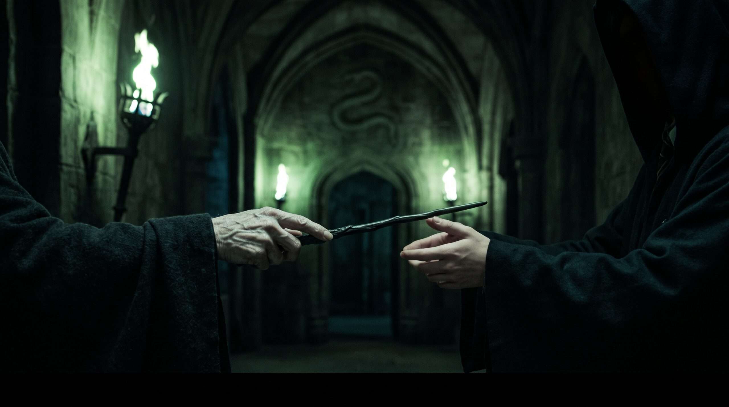 Cinematic representation of the generational Death Eater bloodline in the Hogwarts dungeons.