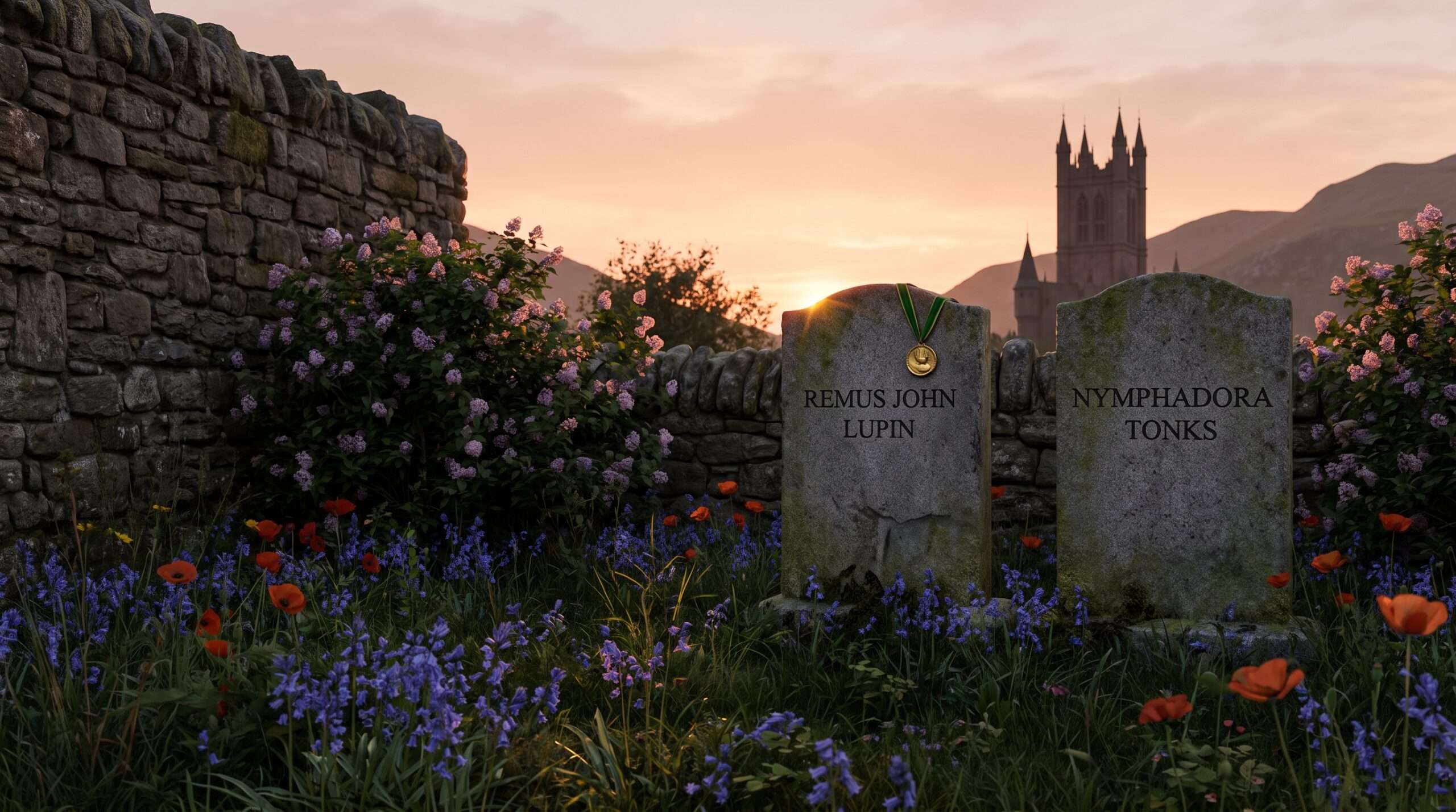 The grave of Remus Lupin in the Hogwarts graveyard with the Order of Merlin First Class medal resting on his headstone.
