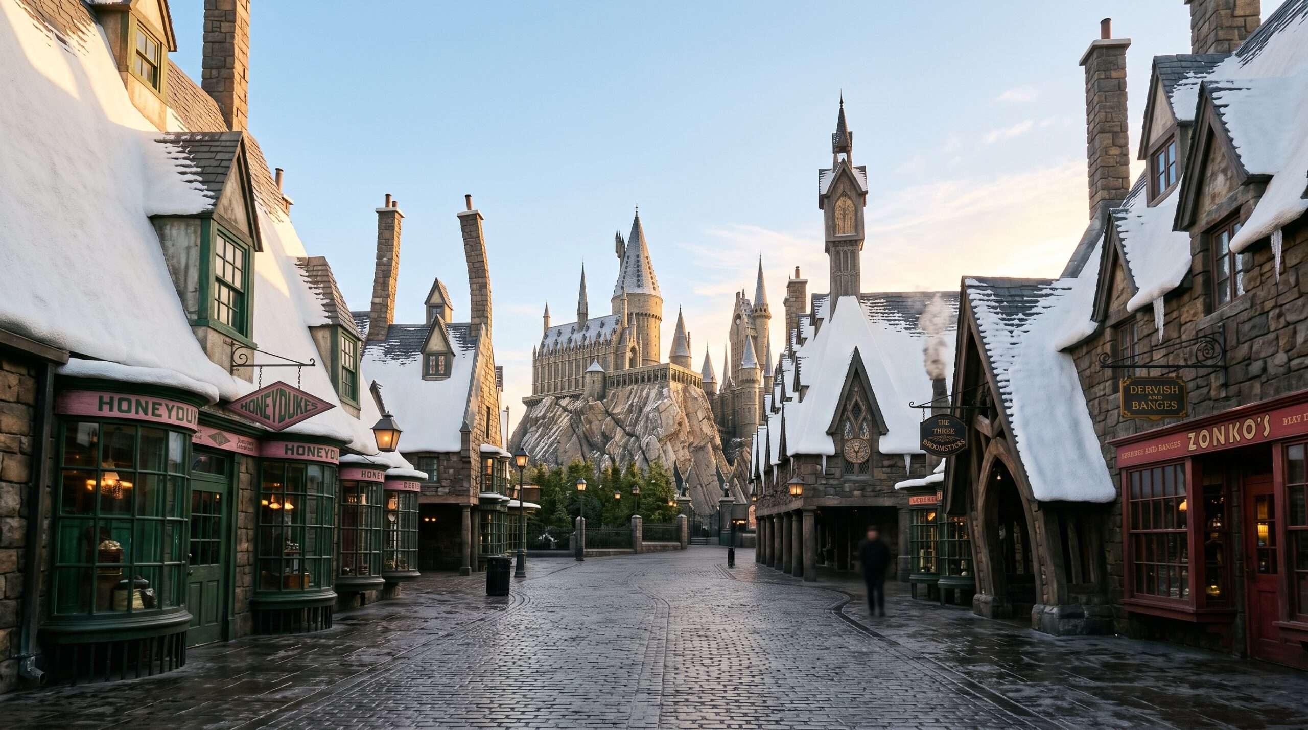 Panoramic early morning view of an empty Hogsmeade village with Hogwarts Castle at Universal Studios Hollywood.