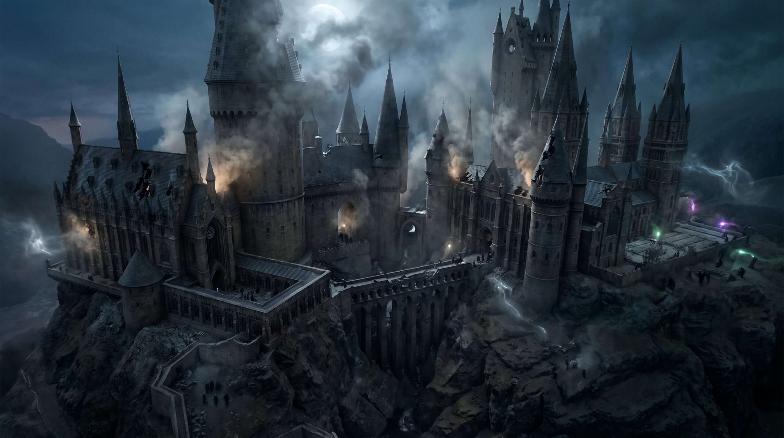 Panoramic view of the Battle of Hogwarts ruins in twilight, a cinematic shot capturing the final conflict.