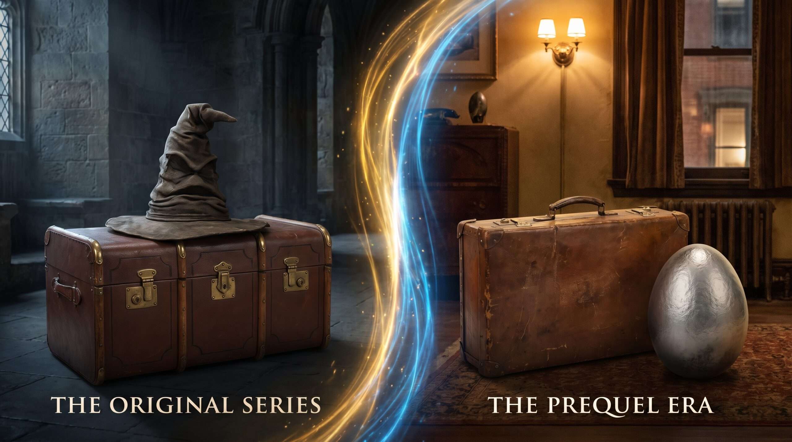 A visual comparison between artifacts from the Harry Potter era (Hogwarts trunk) and the Fantastic Beasts era (Newt's suitcase).