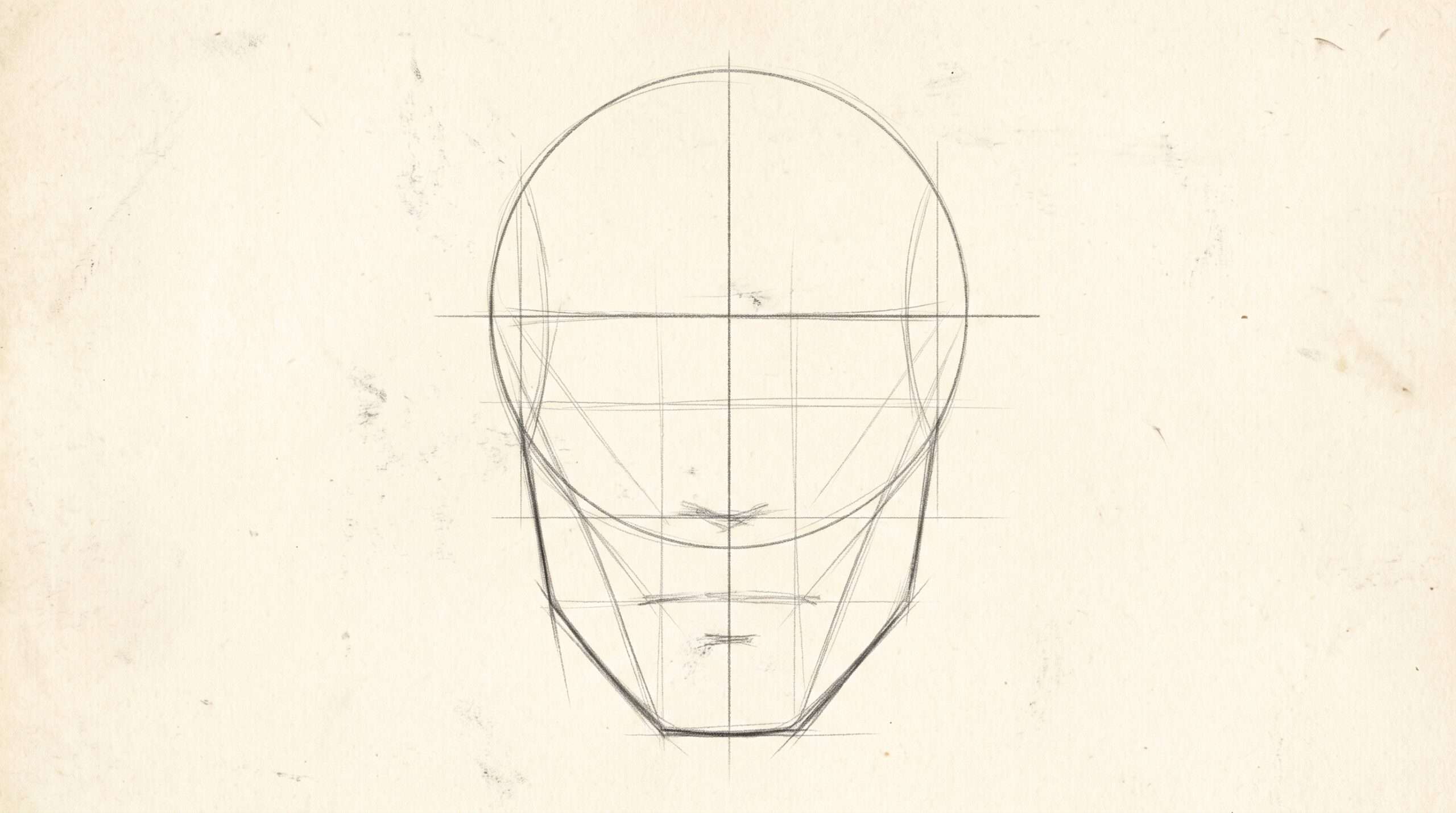 A foundational drawing diagram showing human head construction, sphere, grid lines, and jaw structure on sketch paper.