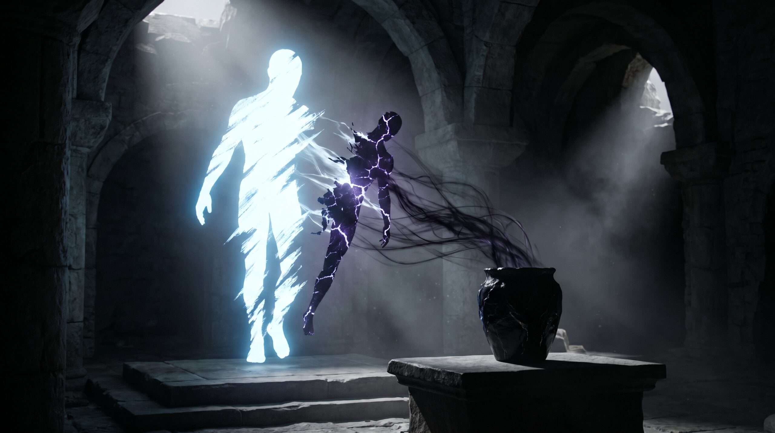 A dark, cinematic illustration representing a wizard's soul fracturing into two pieces due to dark magic.