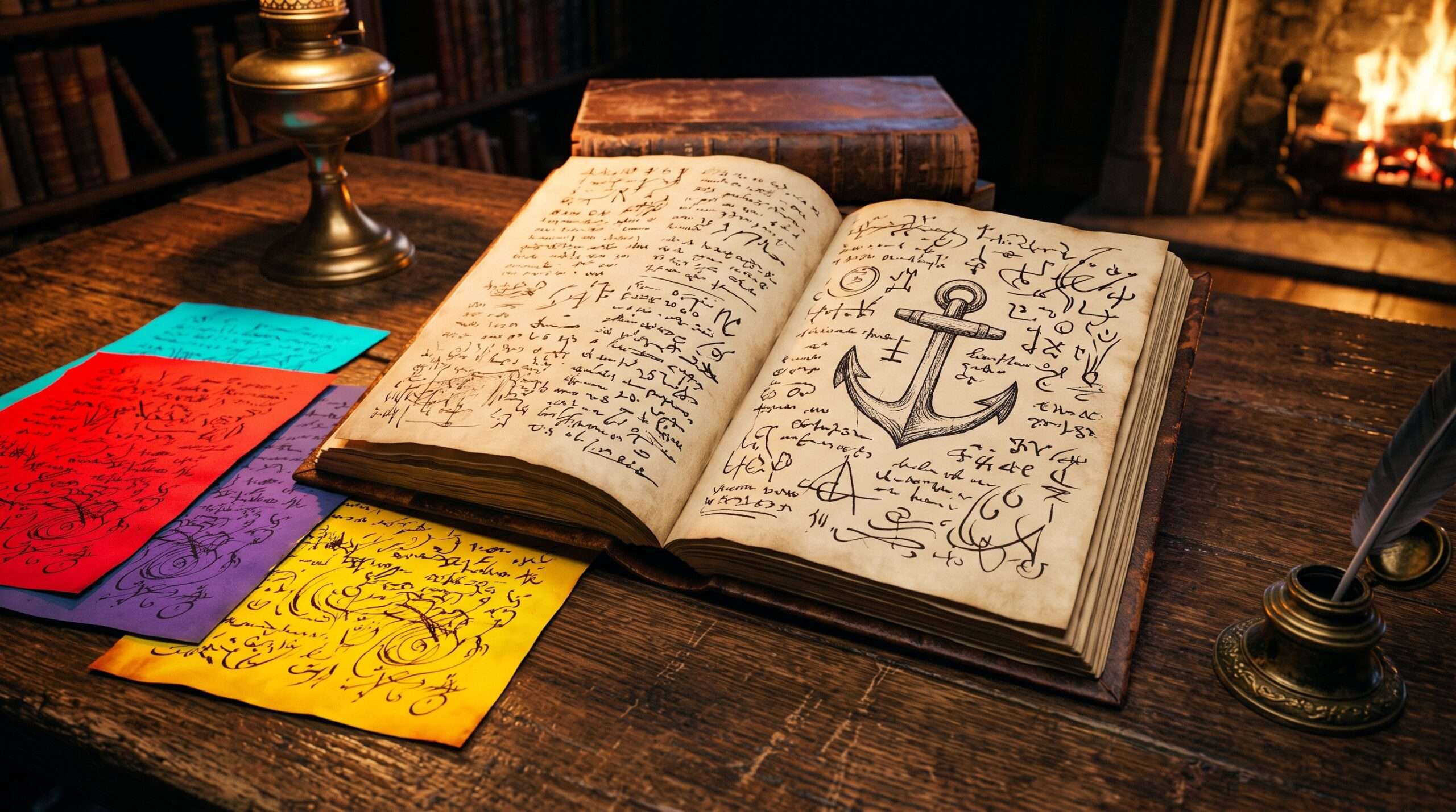 An open journal with abstract notes and an anchor symbol representing canon vs fanon facts.
