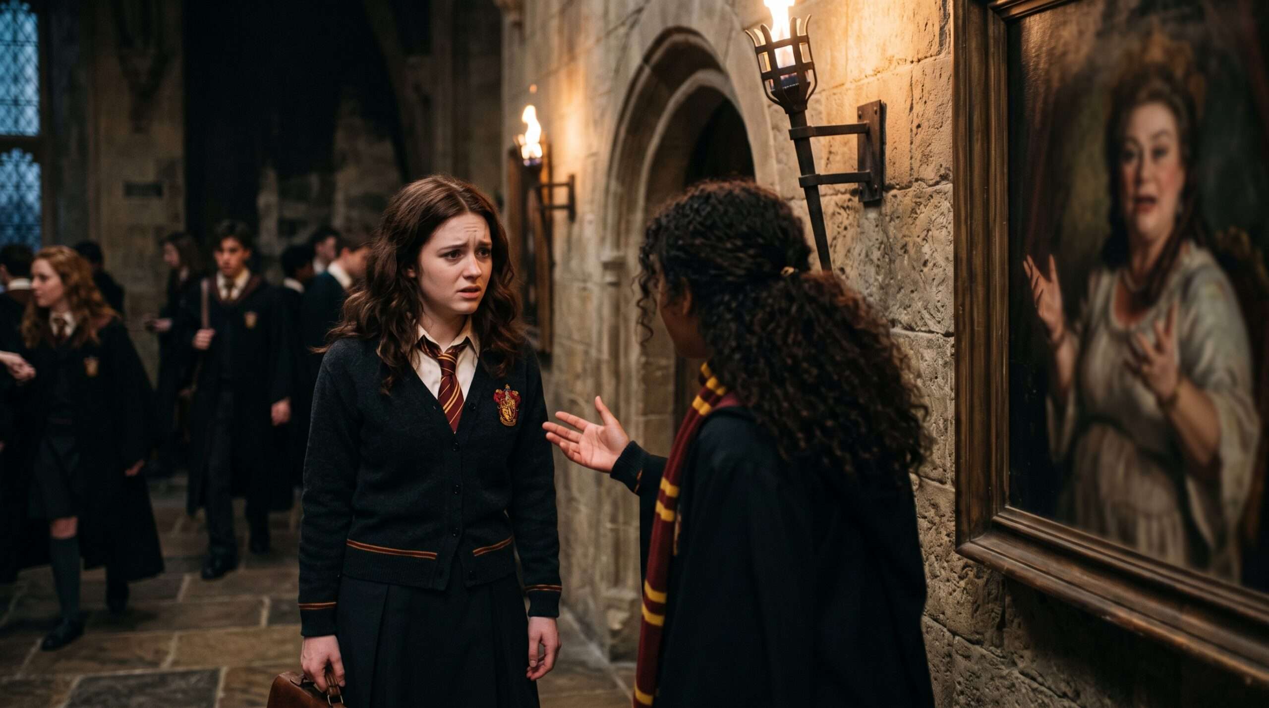 Teenage Lily Evans listening to Mary Macdonald from Harry Potter deliver a message near the Gryffindor portrait.
