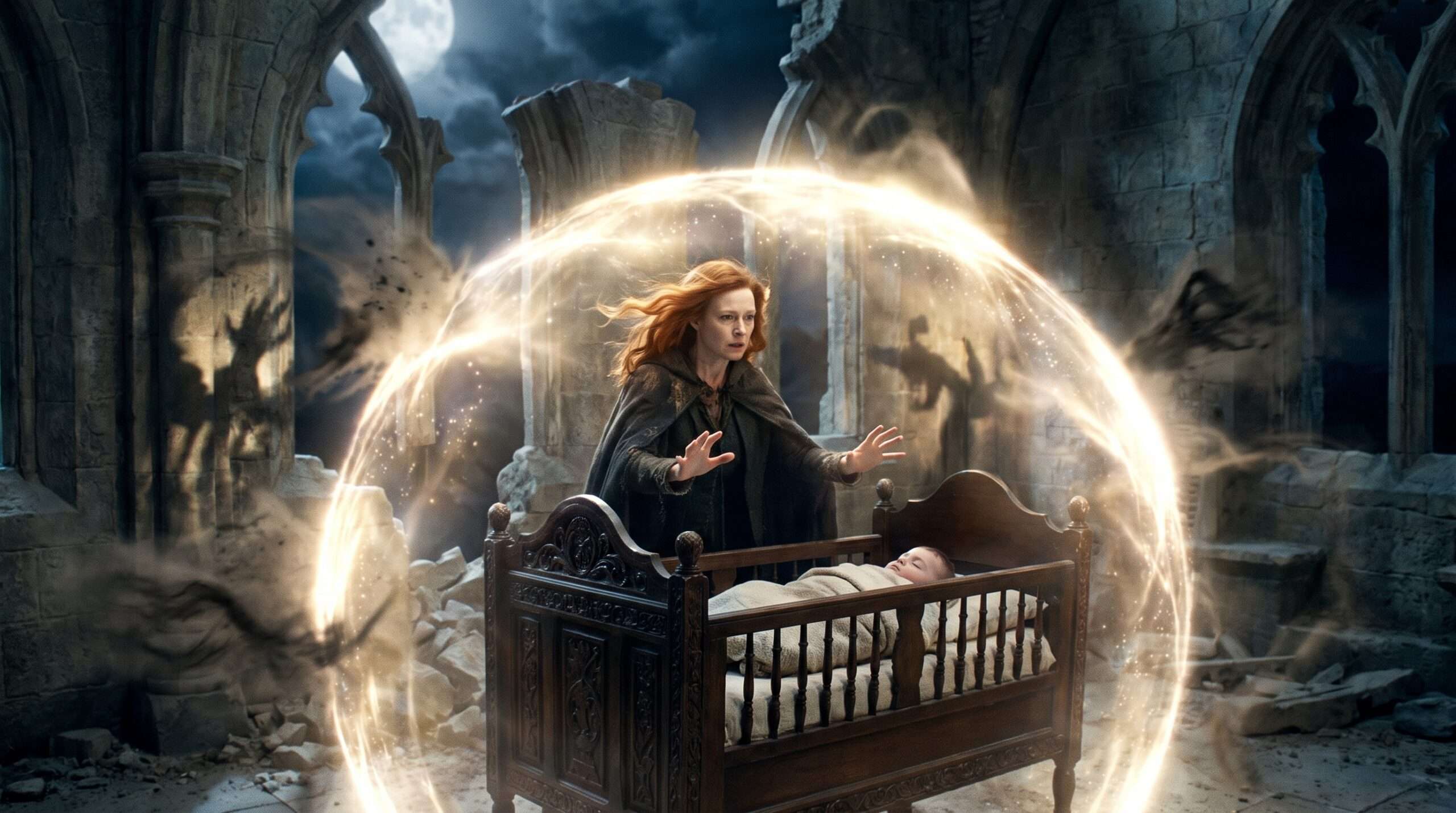 Cinematic visualization of Lily Potter sacrificing herself to create a magical protective shield around baby Harry in a ruined nursery.