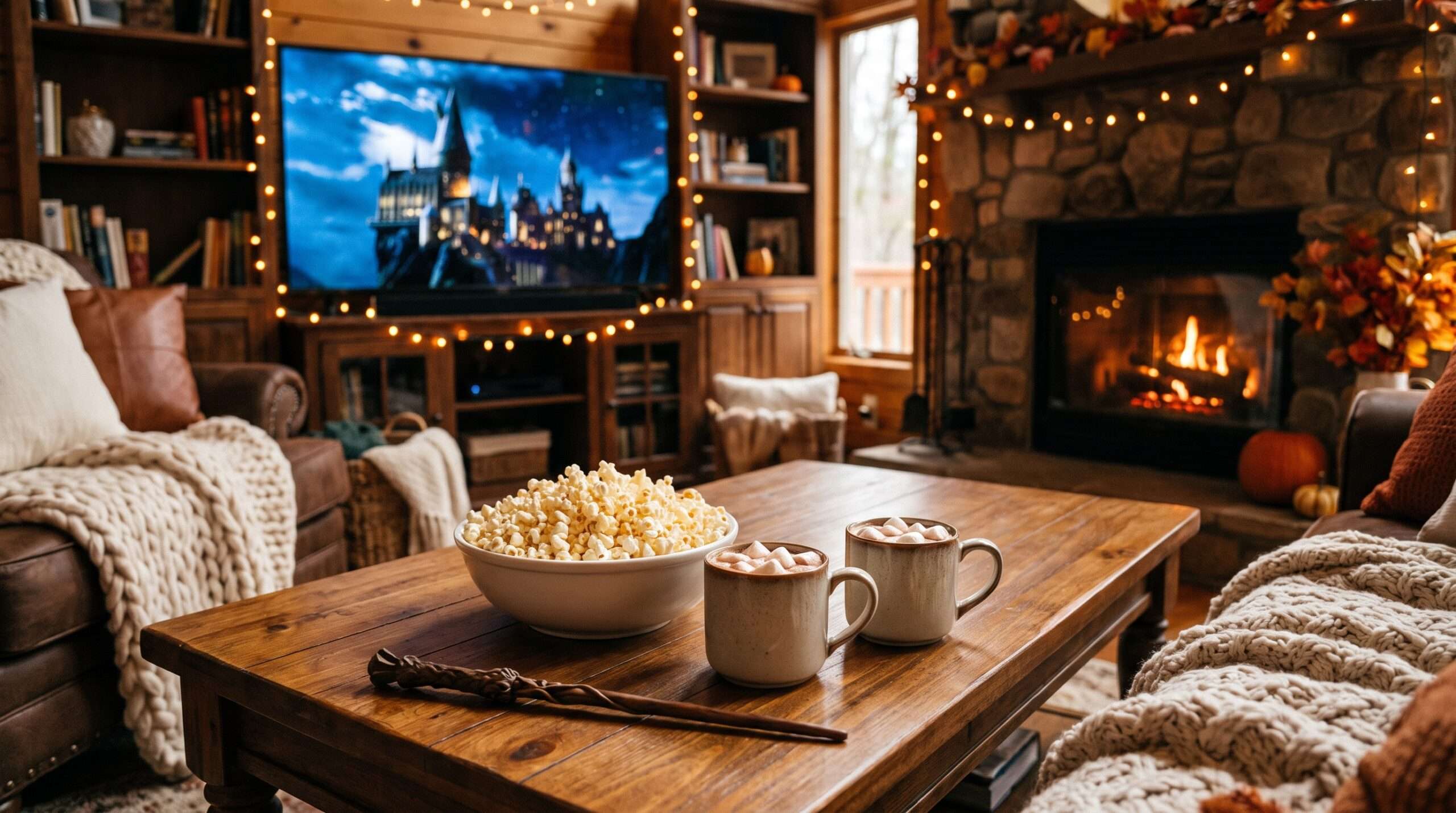 A cozy living room setup for a magical movie marathon featuring popcorn, hot cocoa, and warm fairy lights.