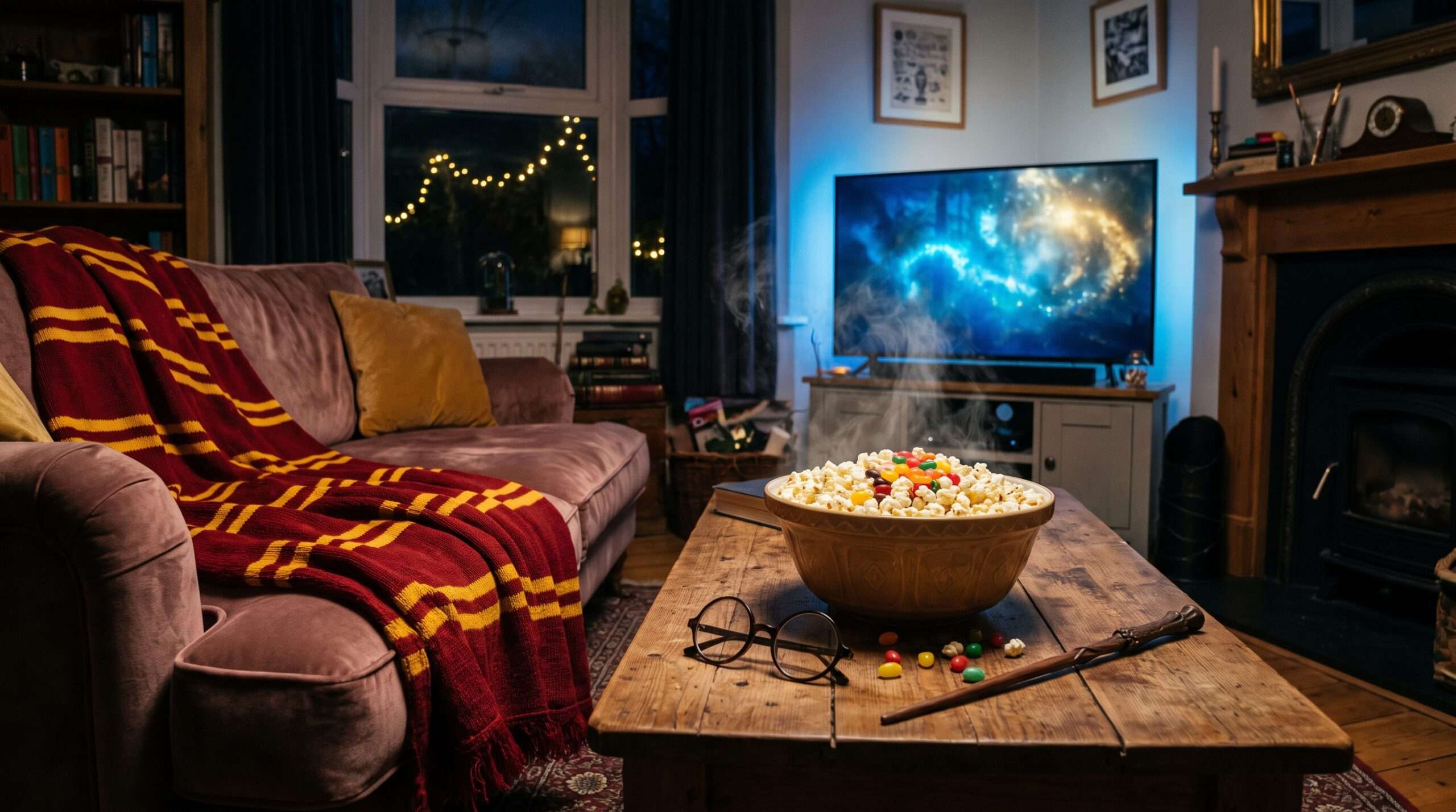 A cozy living room setup ready for a Harry Potter movie marathon with blankets, themed snacks, a wand, and a glowing television.