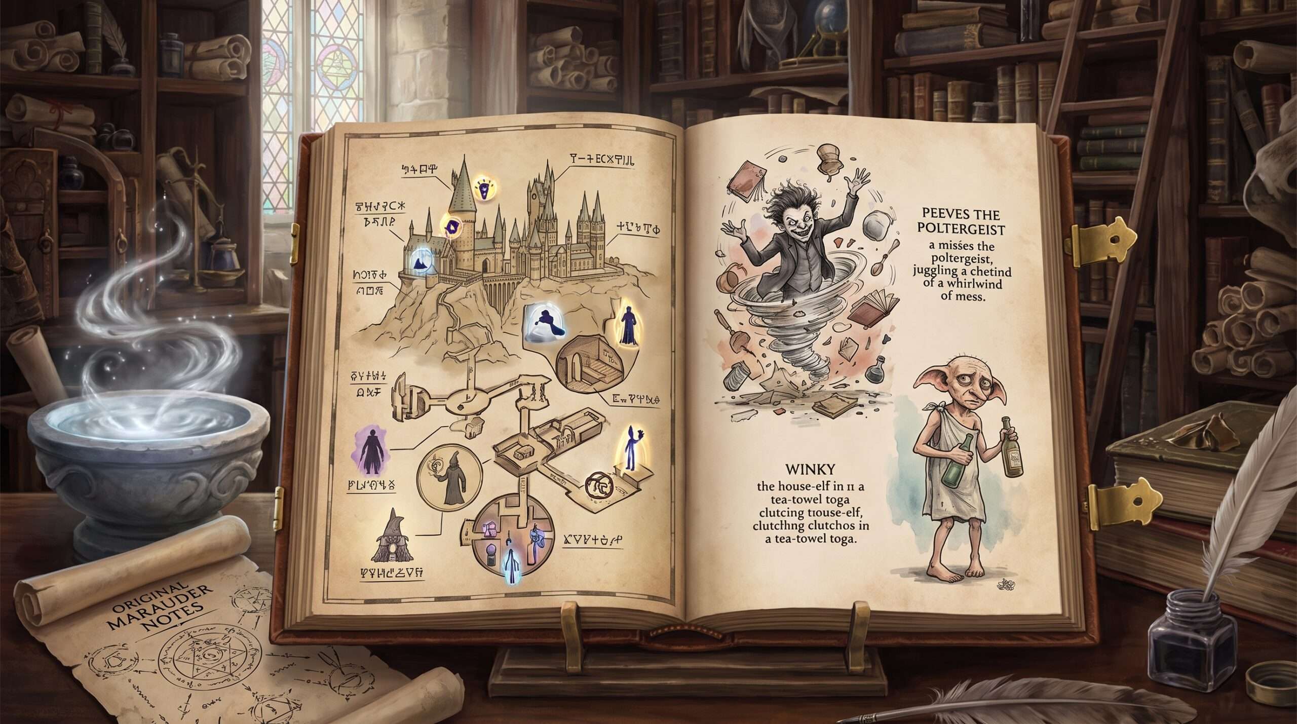 An open, detailed magical archive book on a table, featuring the intricate Marauder's Map and conceptual drawings of Peeves and Winky, surrounded by a Pensive and ancient scrolls, symbolizing the expanded deep lore of the television reboot.