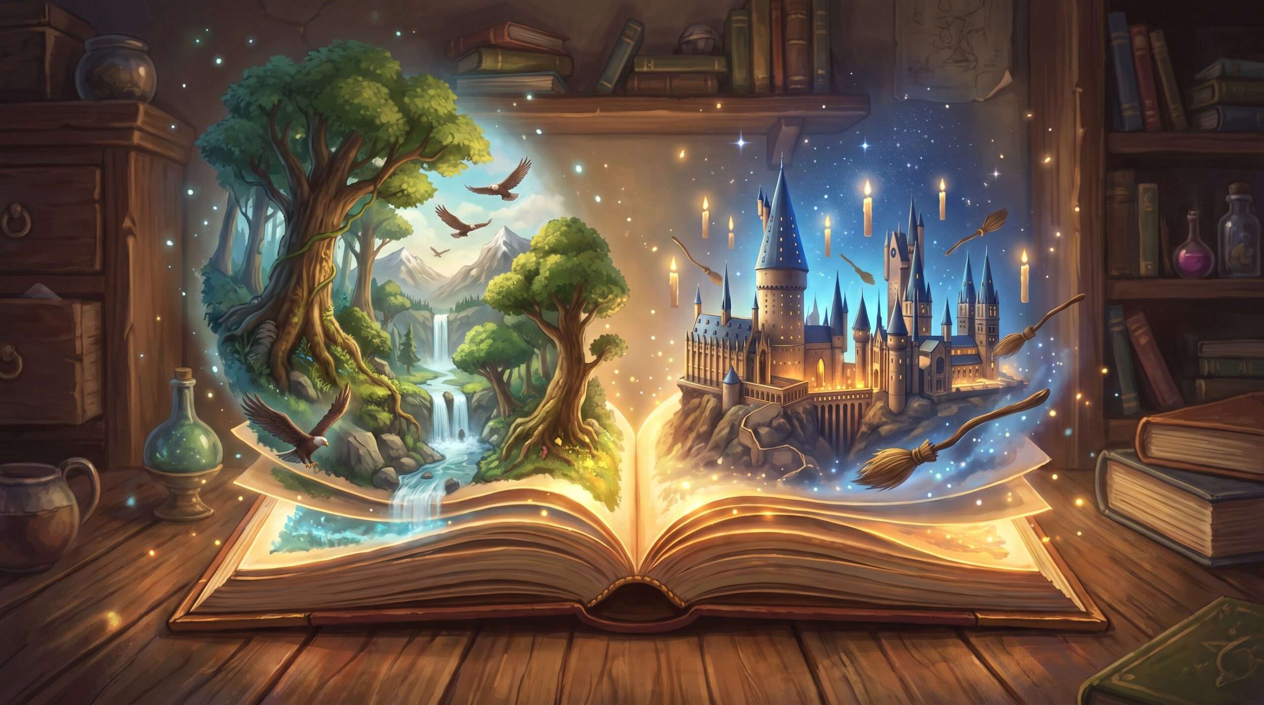 An open magical book showing an epic mountain landscape and a magical school castle rising from its glowing pages.