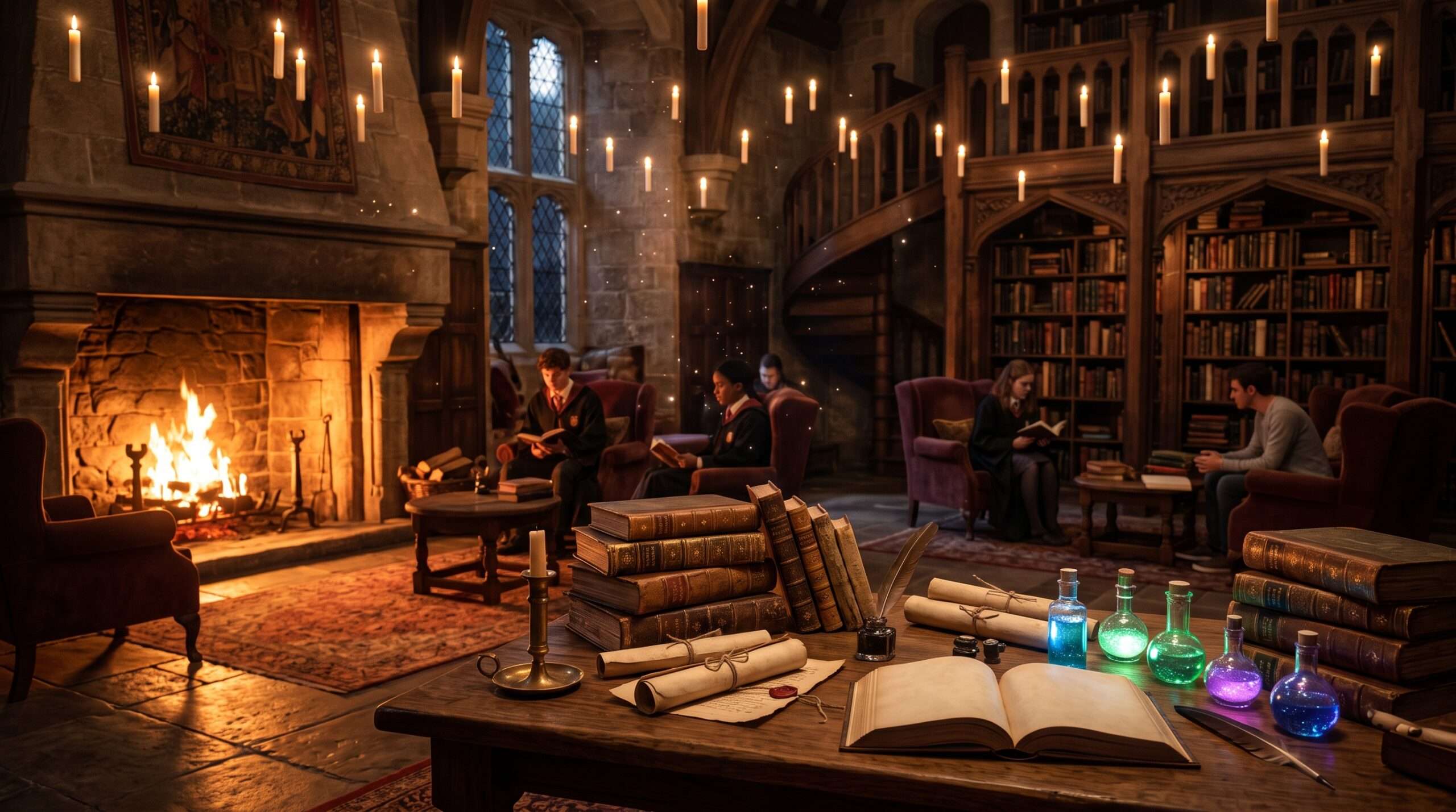 Exhausted Hogwarts students' study tables filled with books and parchment for N.E.W.T. Harry Potter exams.