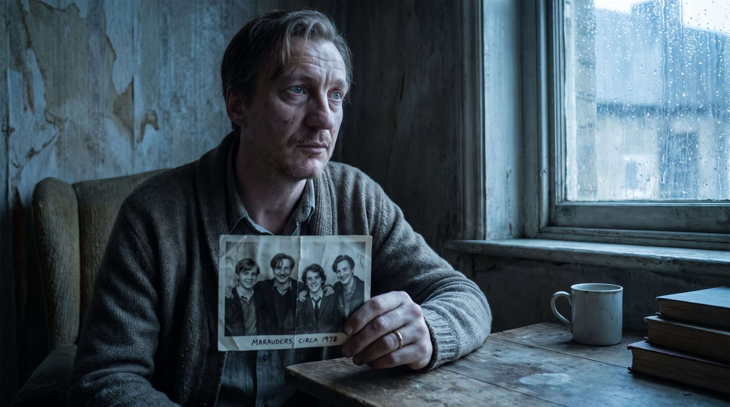 Lonely young Remus Lupin holding a photo of the Marauders after the First Wizarding War.