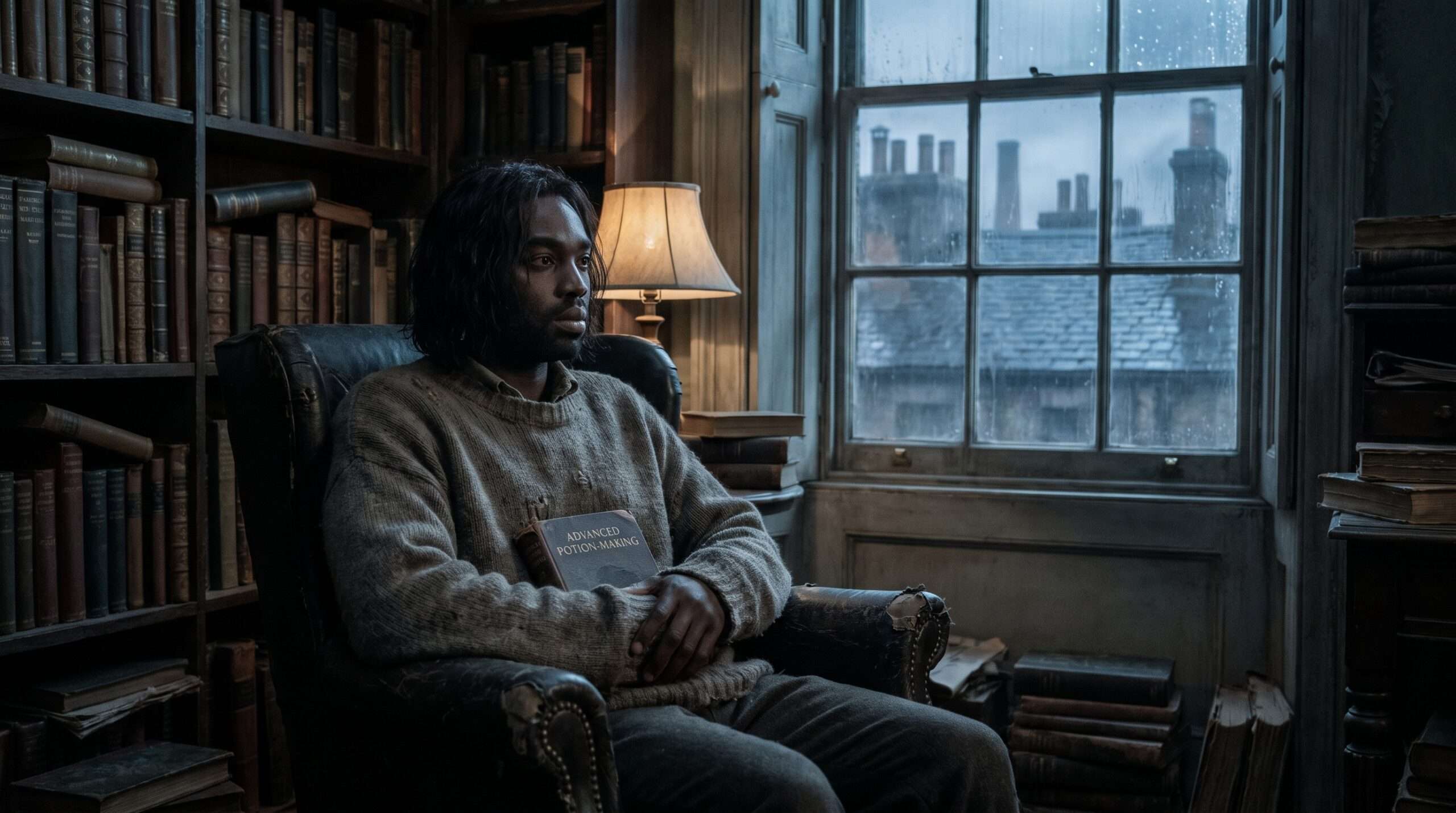 A moody cinematic still of a young Snape (Paapa Essiedu) looking alienated in a grim Spinner’s End room.