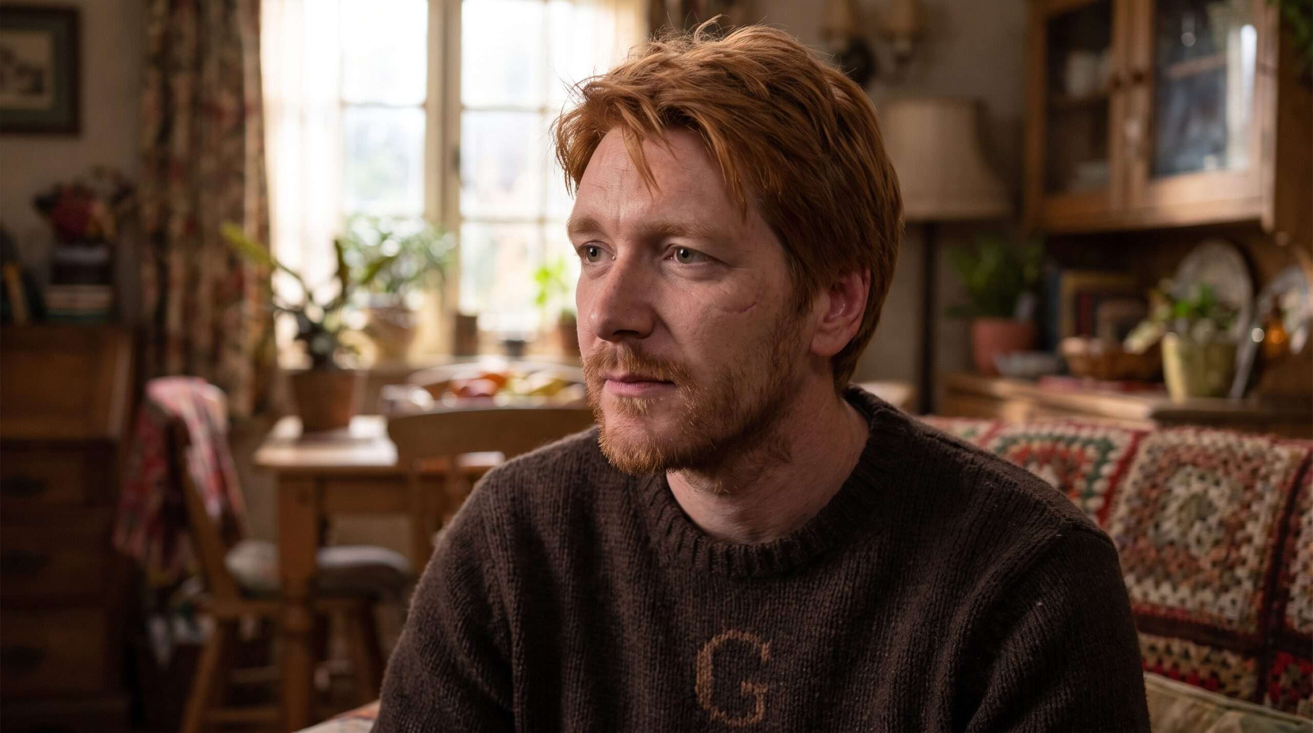 Close-up of George Weasley showing his missing ear scar.