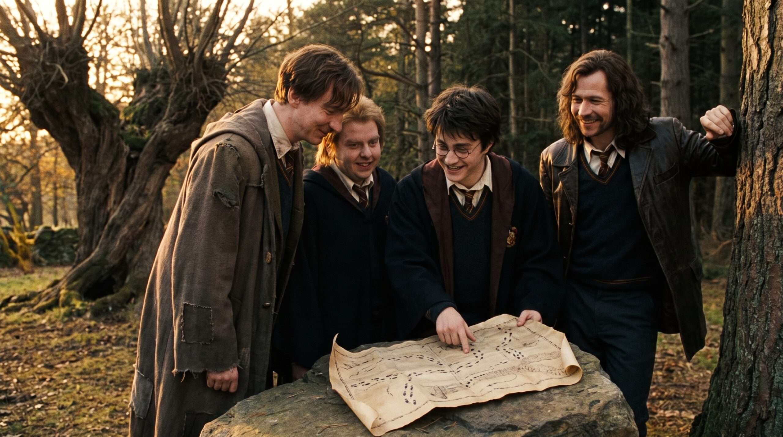 Teenage Marauders James, Sirius, Remus, and Peter holding the Marauder's Map near Hogwarts.