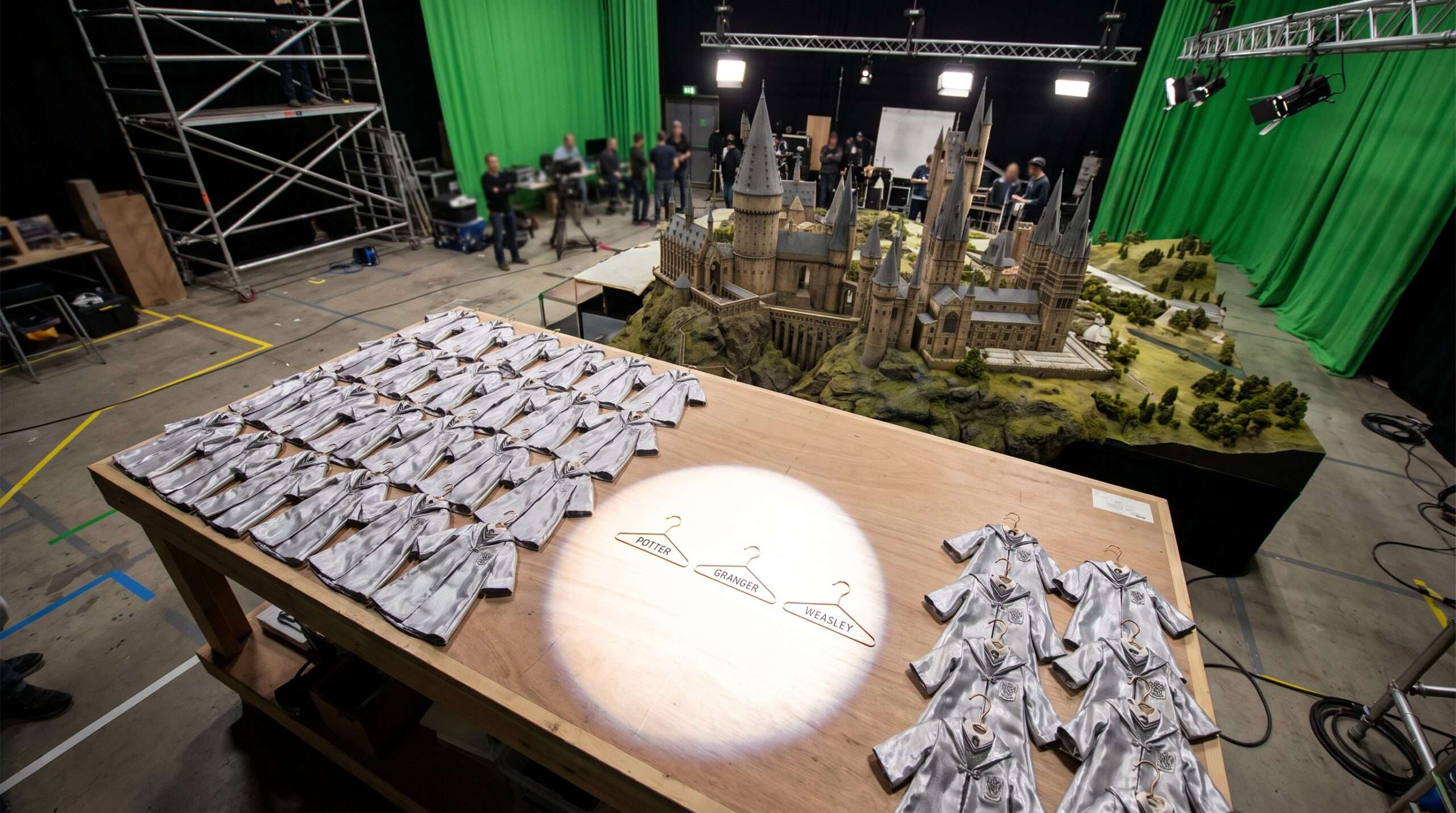A meticulously detailed model of Hogwarts on a television soundstage, with empty production roles symbolized by tiny, generic wizard robes, representing the scale of casting the multi-year HBO reboot.