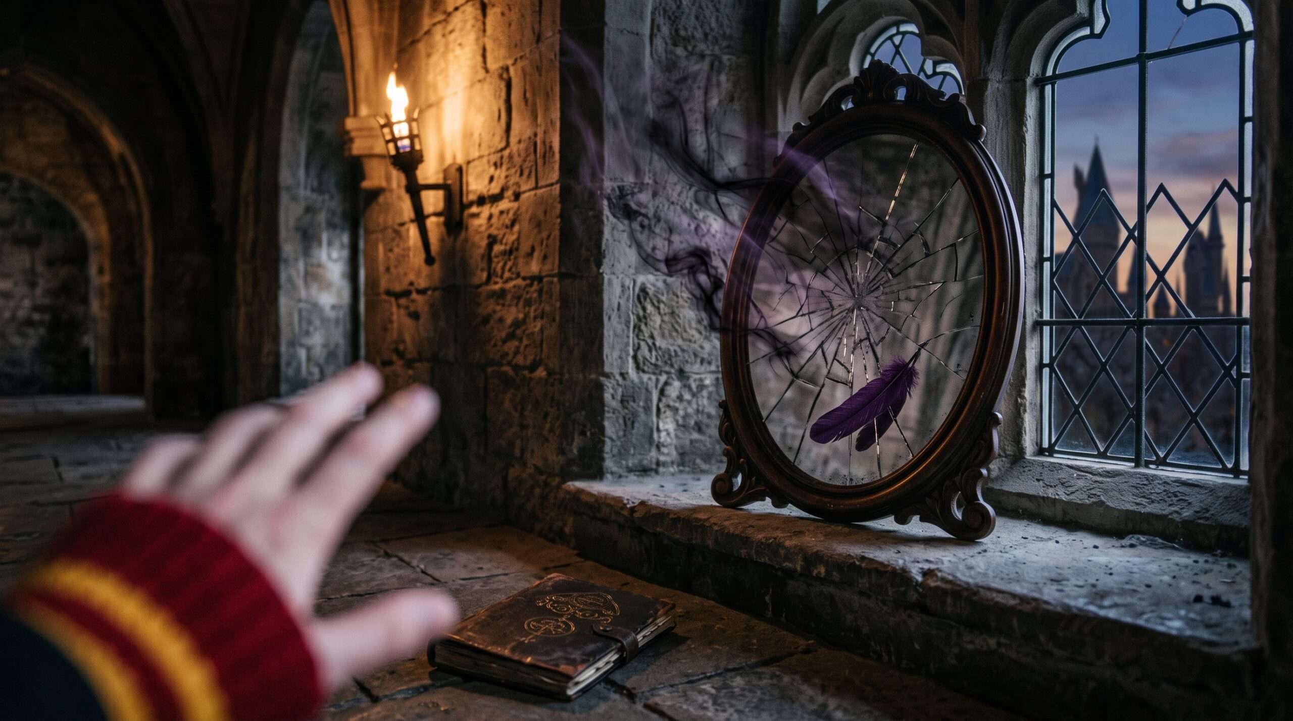 A dramatic photo of a cracked mirror and dropped books in a Hogwarts corridor after a dark magic attack.