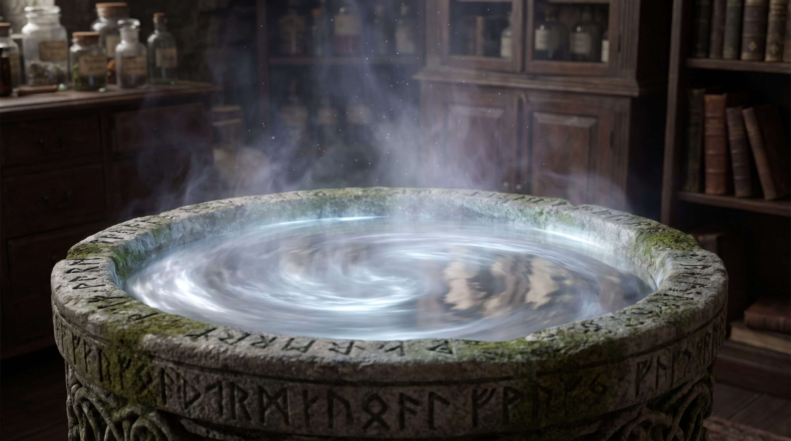 Glowing silver liquid swirling inside an ancient stone Pensieve in a dark, mysterious room.