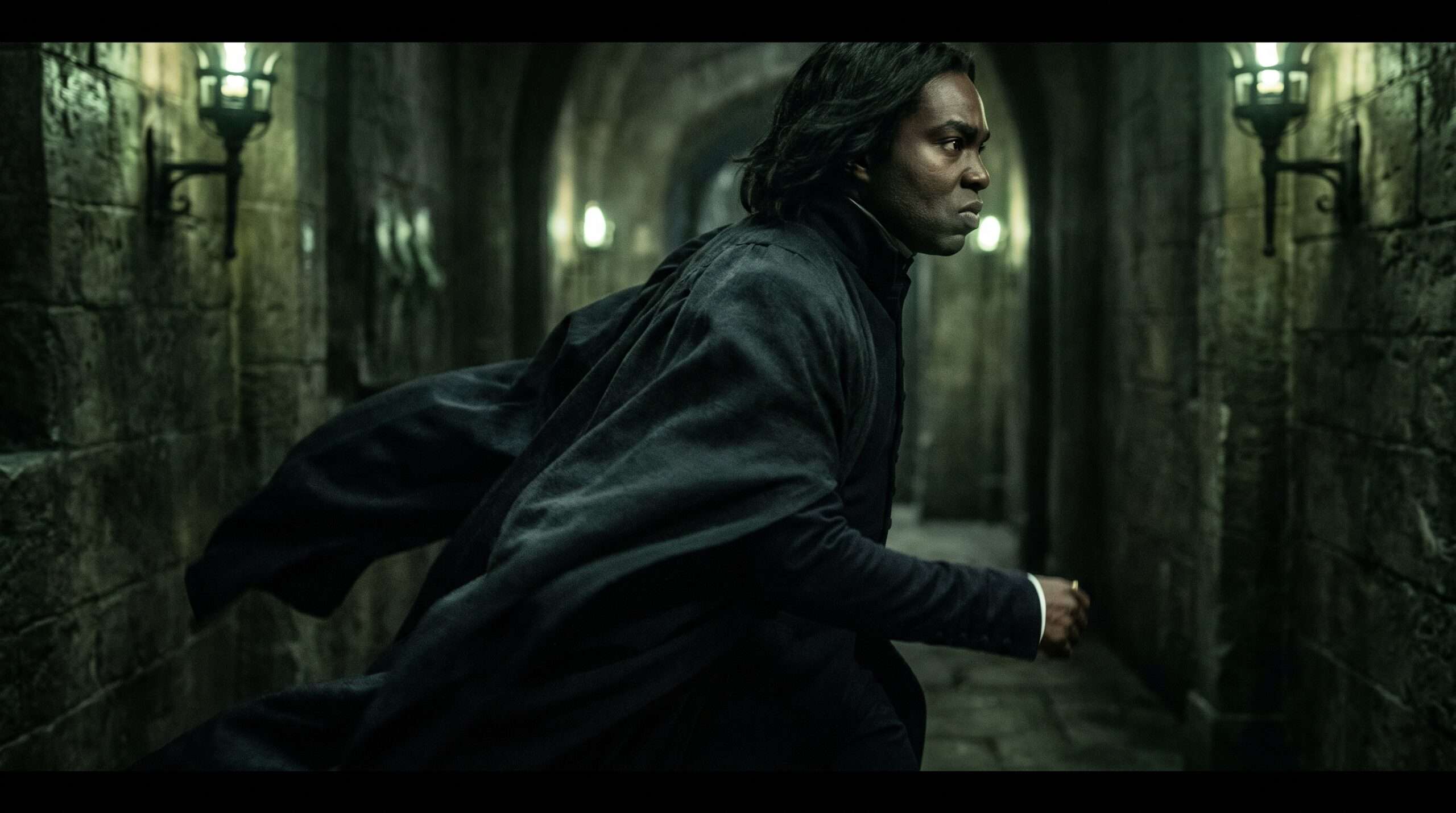 A dynamic medium shot of Paapa Essiedu as Severus Snape walking with intense energy.