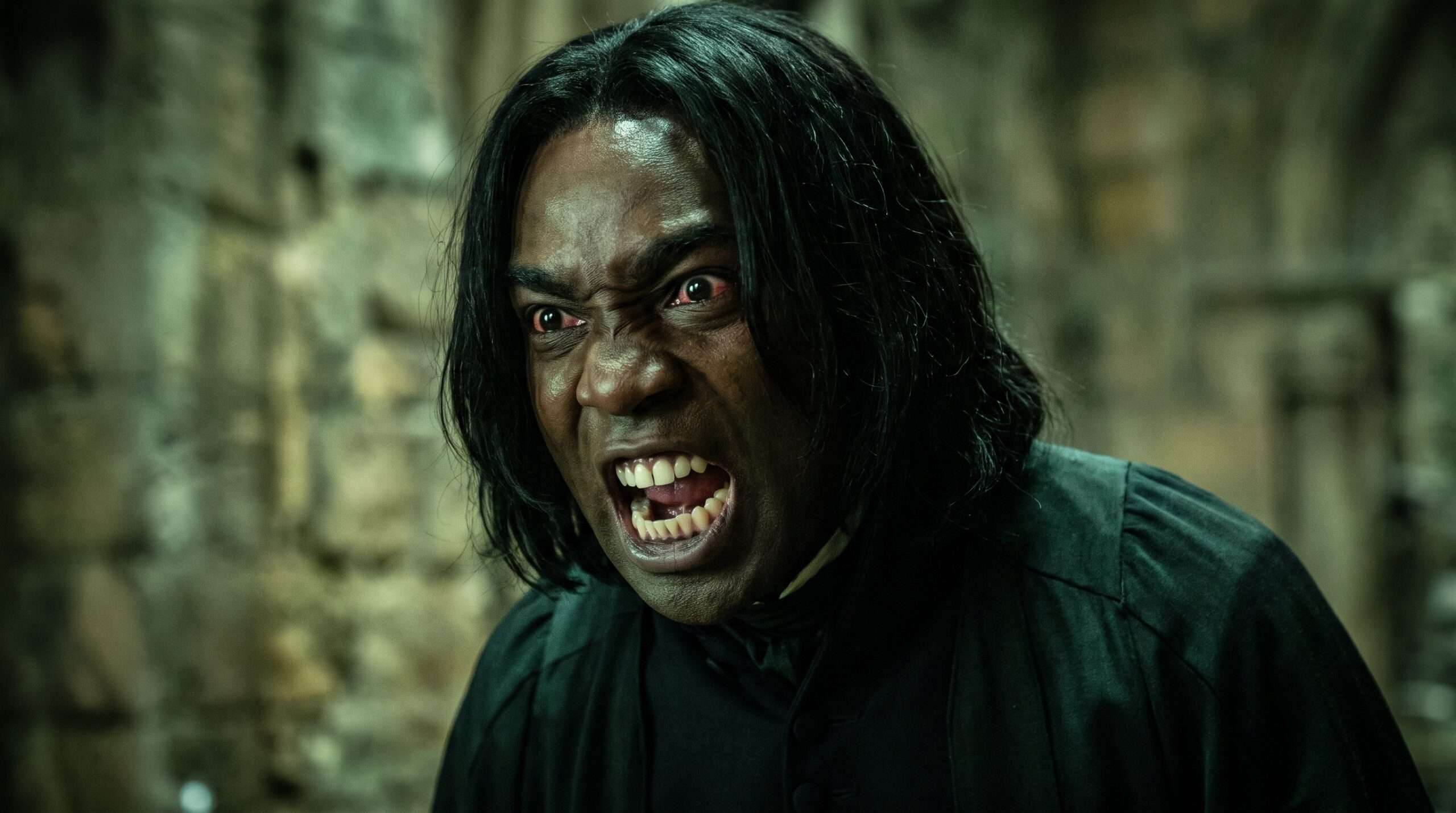 A dramatic close-up showing Paapa Essiedu as Snape screaming with intense, raw fury.
