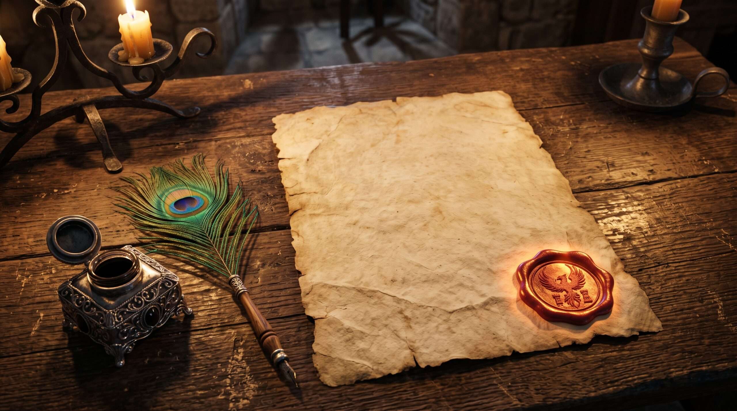 Official Hogwarts grading parchment with a wax seal and quill on a wooden desk.