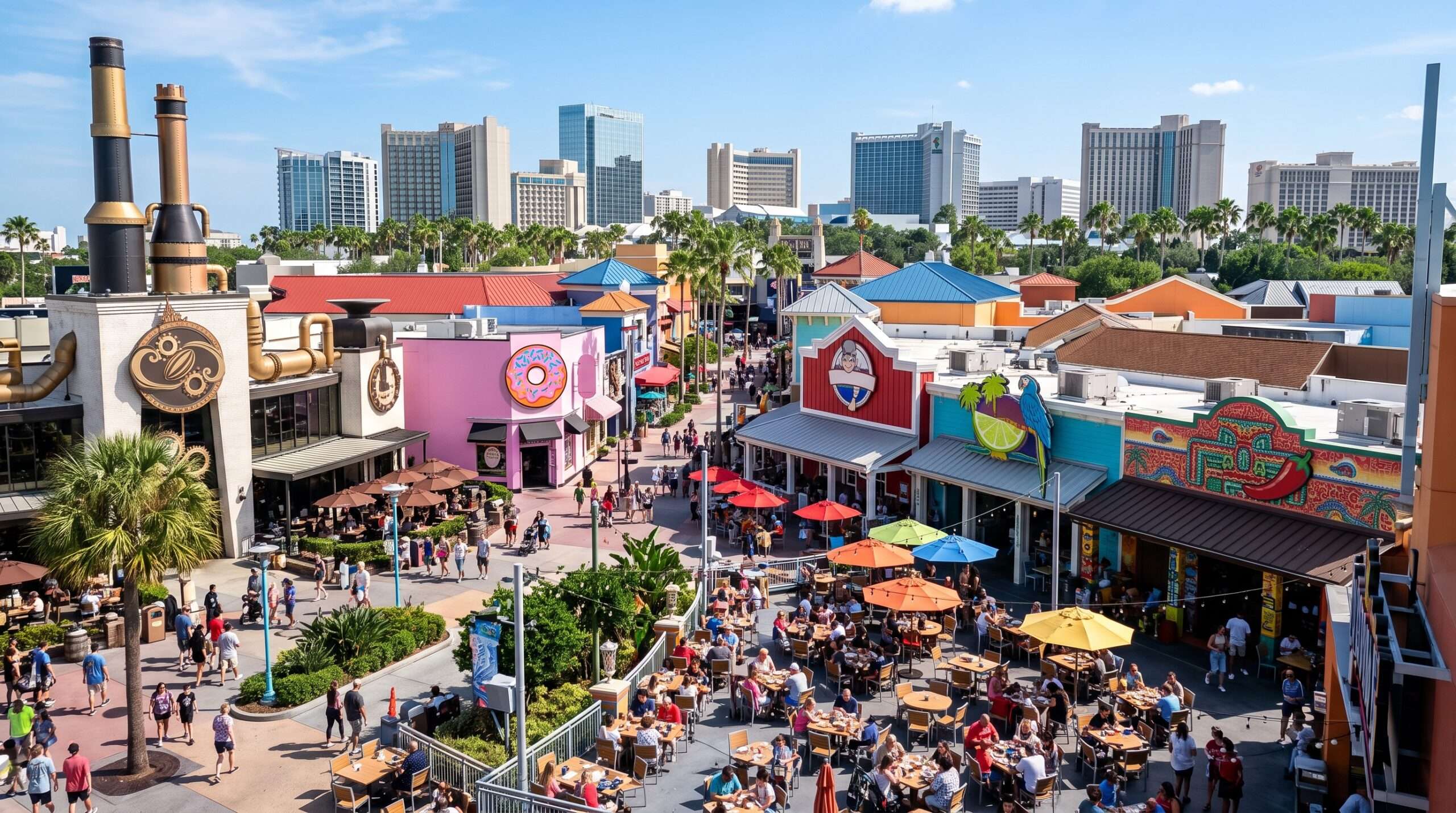Sunny aerial photograph of families dining at outdoor restaurant patios at Universal CityWalk.