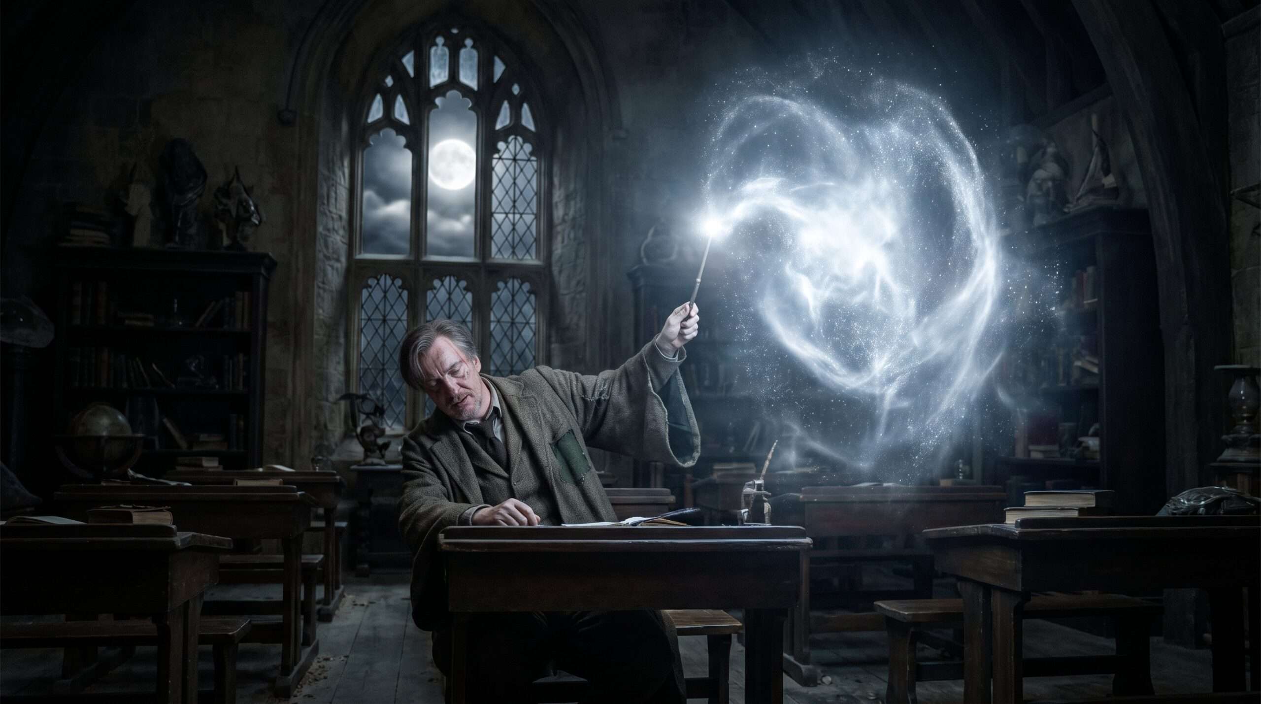 Professor Remus Lupin casting a non-corporeal silvery Patronus shield alone in a dark classroom.