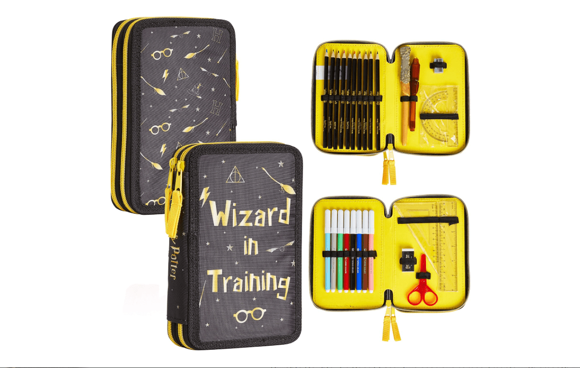 Harry Potter Gifts Pencil Case with Secret Light Wand Pen, Large Double Zip Organizer Filled with School Art Supplies for Kids, Boys and Girls (Black/Yellow) 