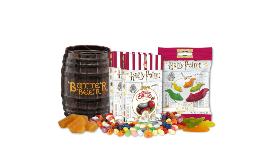 Jelly Belly Harry Potter's Favorites, Gift Pack of 4 (Butterbeer Barrel Tin, Bertie Bott's Every Flavor Jelly Beans, & Jelly Slugs Chewy Candy) 