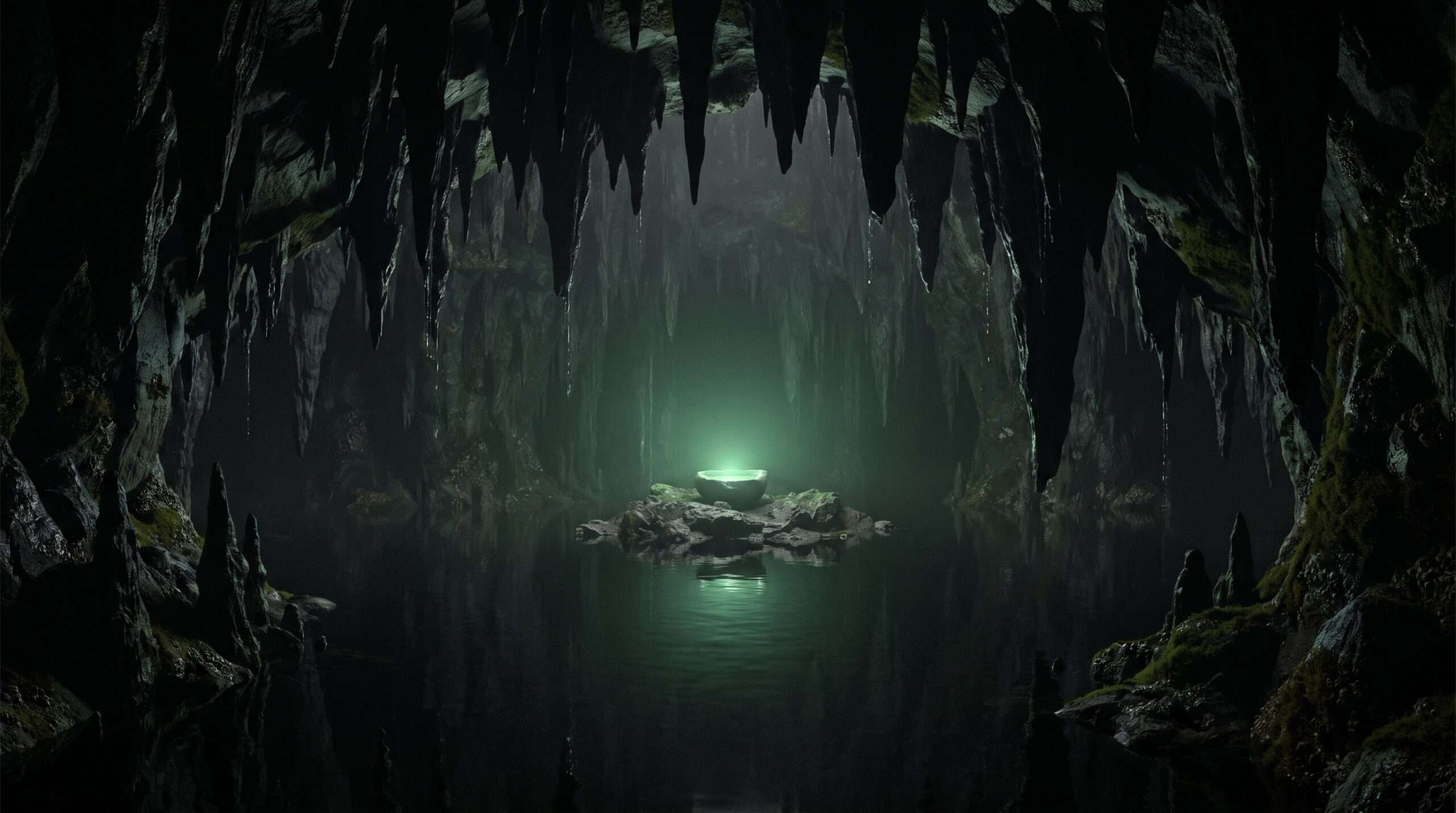 A panoramic view inside the massive, shadowed Horcrux cave, showing the emerald green potion basin on an island.