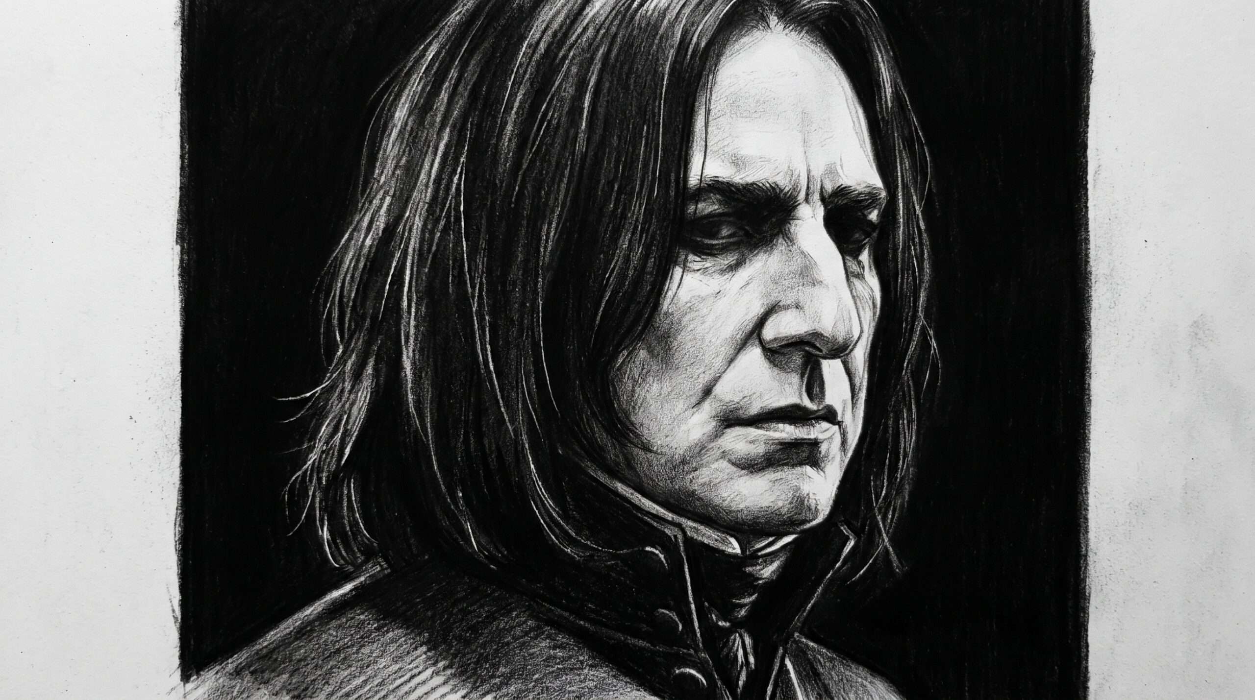 A dramatic black and white graphite pencil drawing of Severus Snape with heavy shading and high contrast.